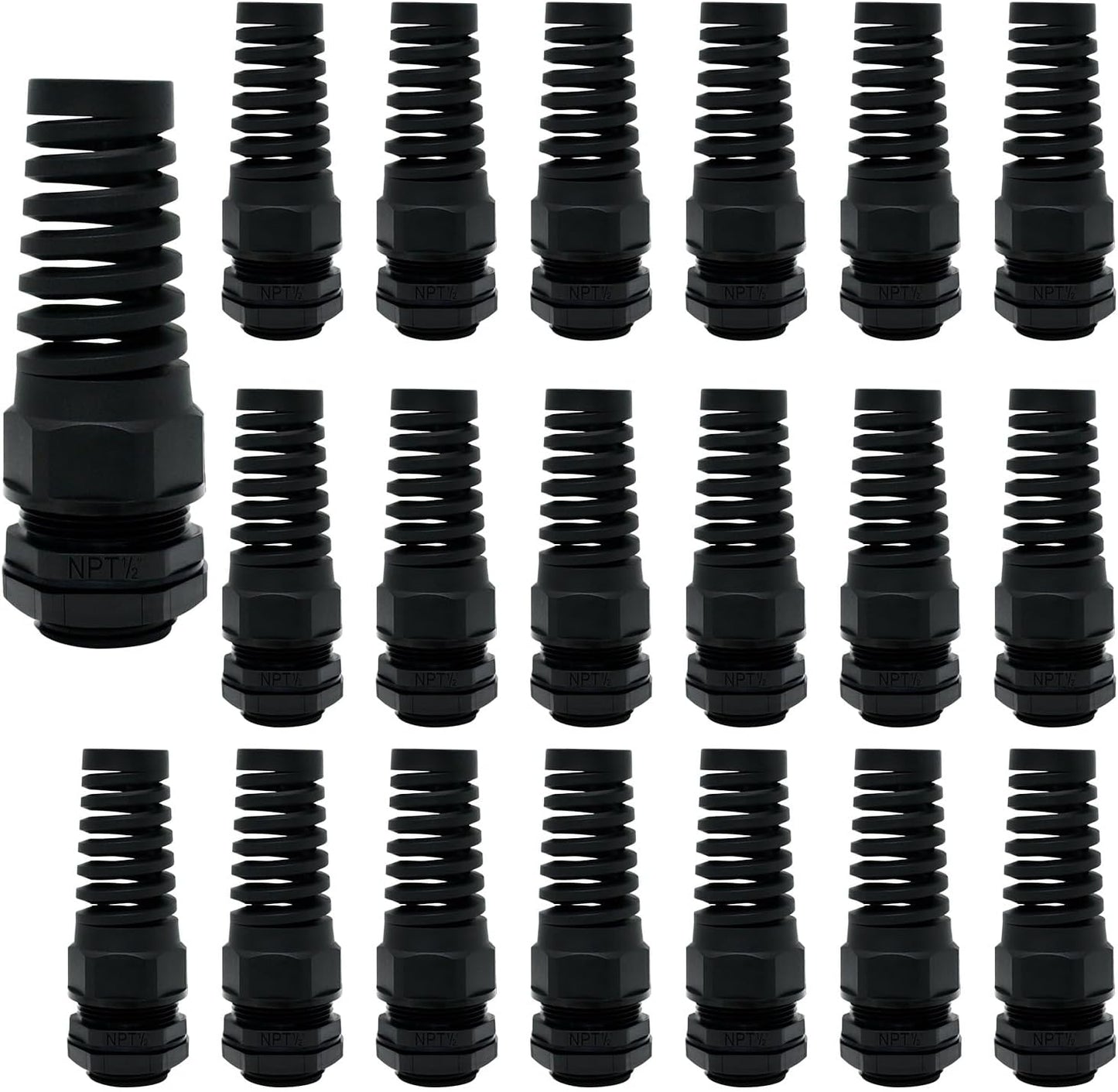 LeMotech 20Pcs NPT 1/2" IP68 Waterproof Cable Gland Flex Spiral Strain Relief Black Nylon Joint with Gaskets for 6-12mm Wire Thread