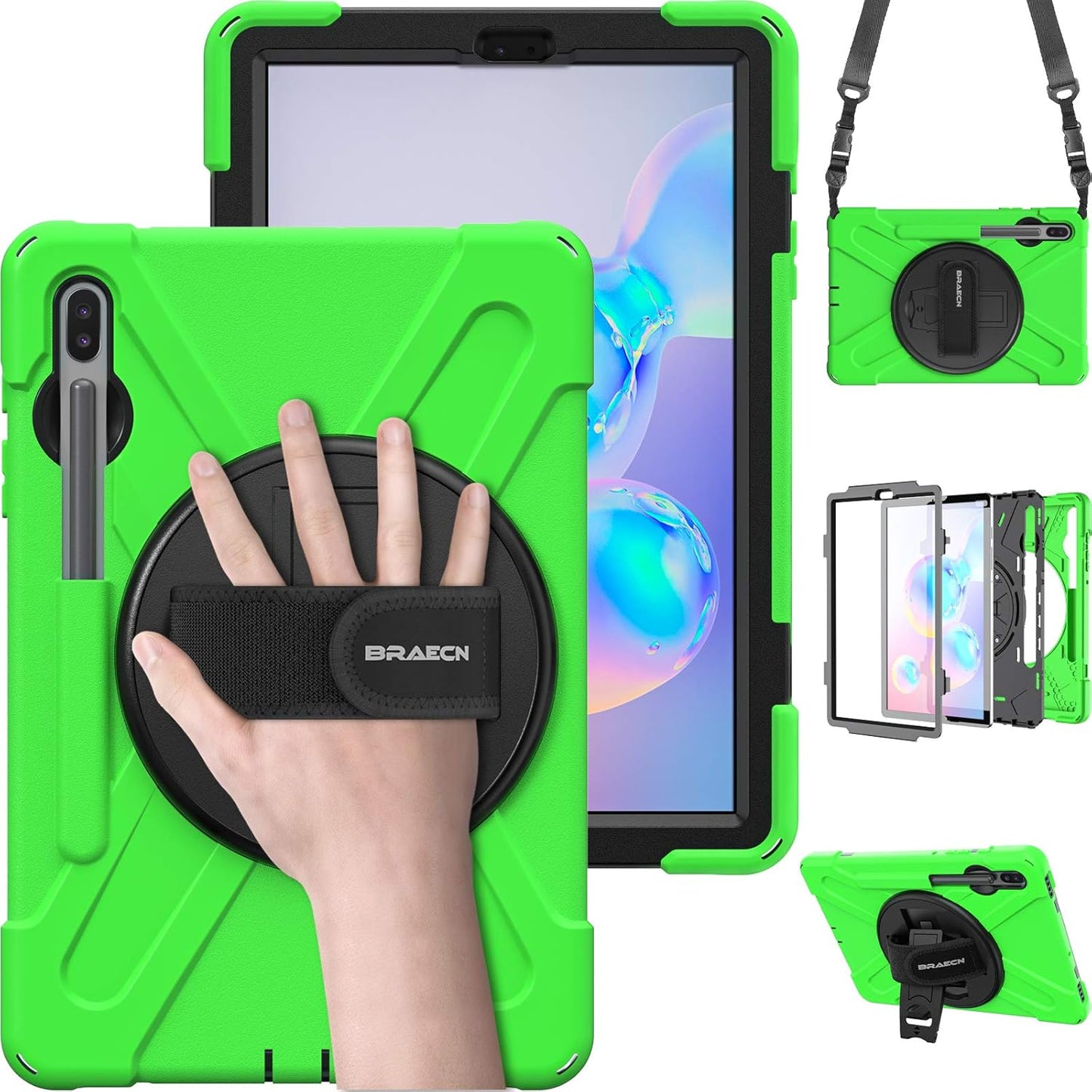 BRAECN for Galaxy Tab S6 Case with Pen Holder/Hand Strap/Rotating Stand/Shoulder Strap,Hybrid Heavy Duty Shockproof Case for 2019 Model 10.5 inch Galaxy Tab S6 Tablet(SM-T860/T865/T867)-Green