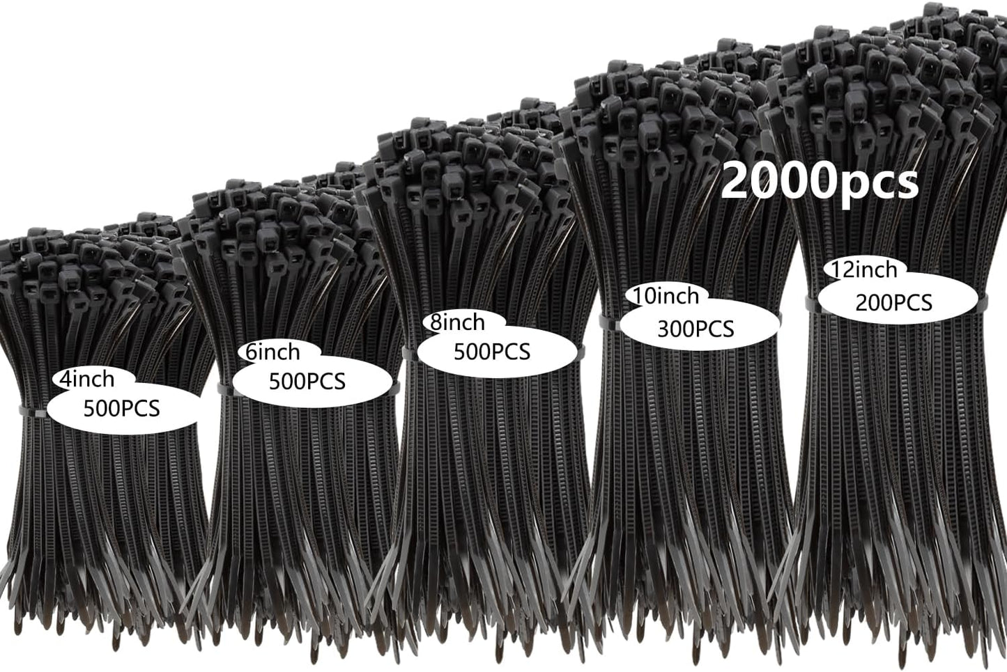 2000 PCS Zip Ties Assorted Sizes 4+6+8+10+12 Inch Self-locking Nylon Cable ties Outdoor, UV Resistant Wire Straps for Home Office Garden Workshop Indoor Outdoor Fence(Black)