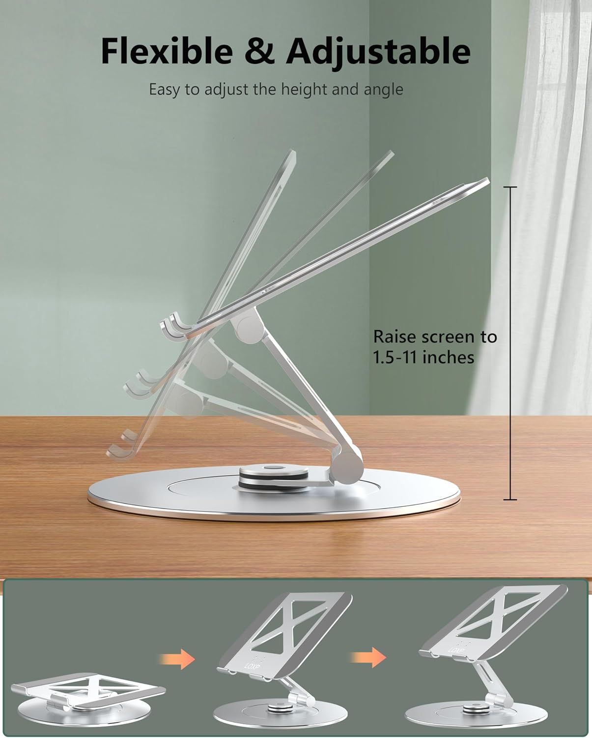 Laptop Stand with Phone Holder, Adjustable Laptop Stand with 360 Rotating Base, Aluminum Computer Mount Holder, Ergonomics Laptop Riser for Desk, Fits MacBook, up to 17.3" All Notebooks Silver