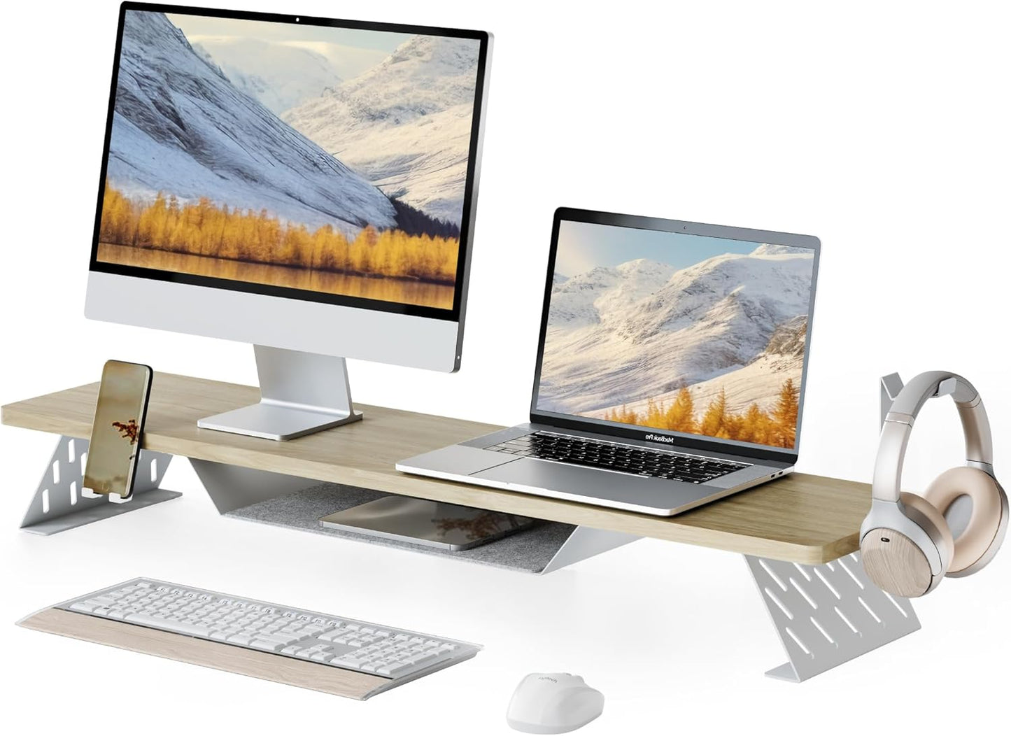 Fenge Dual Monitor Stand, 42.5 Inch Monitor Riser for Desk, Wood Desk Shelf for 2 Monitors, 2 Tier Monitor Shelf with Headphone Stand & Phone Holder