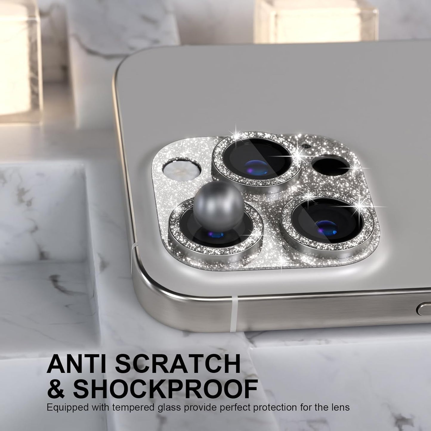 Choiche Compatible for iPhone 16 Pro/iPhone 16 Pro Max Camera Lens Protector, Bling Camera Cover with 9H Tempered Glass Lens Screen Protector Metal Ring Accessories (Glitter-Titanium Natural)