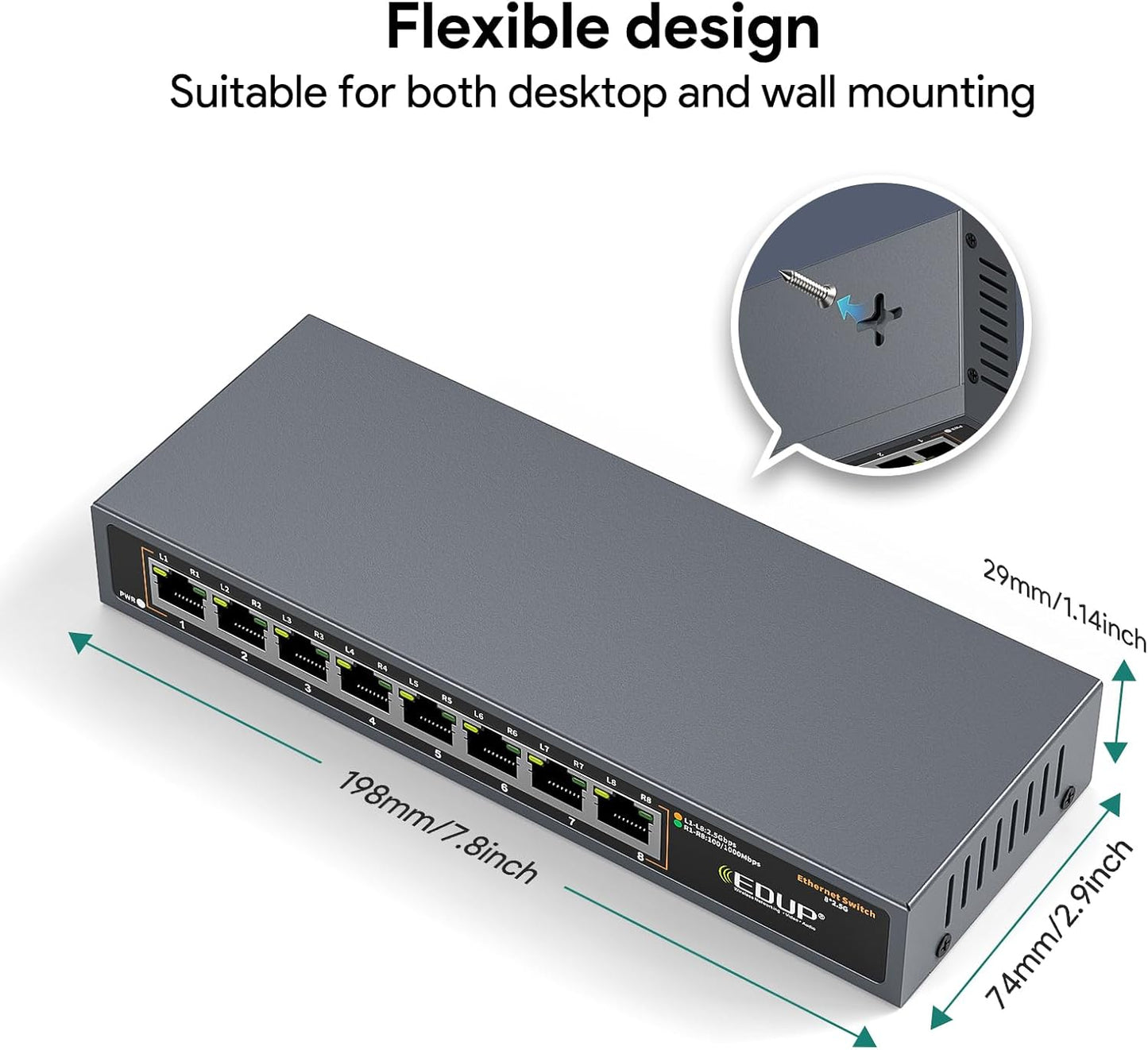 2.5G Ethernet Switch, 8 Ports Multi-Gigabit Ethernet Switch, Unmanaged, Fanless, Plug & Play, Reliable Network Splitter, Ideal for Gaming, NAS, PC, Silent, Desktop/ Wall Mount, Metal Design