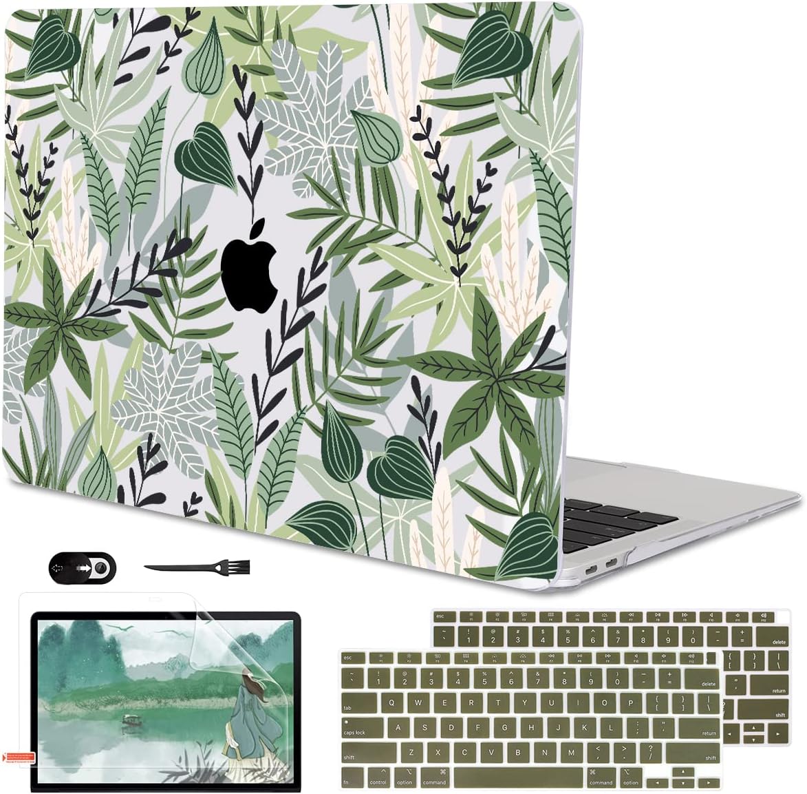 for MacBook Air 13 inch Case 2021 2020 2019 2018 for Mac A2337 M1 A2179 A1932 Cover with Touch ID, Crystal Plastic Hard Shell Case Keyboard Skin Screen Protector, Tropical Green Leaves