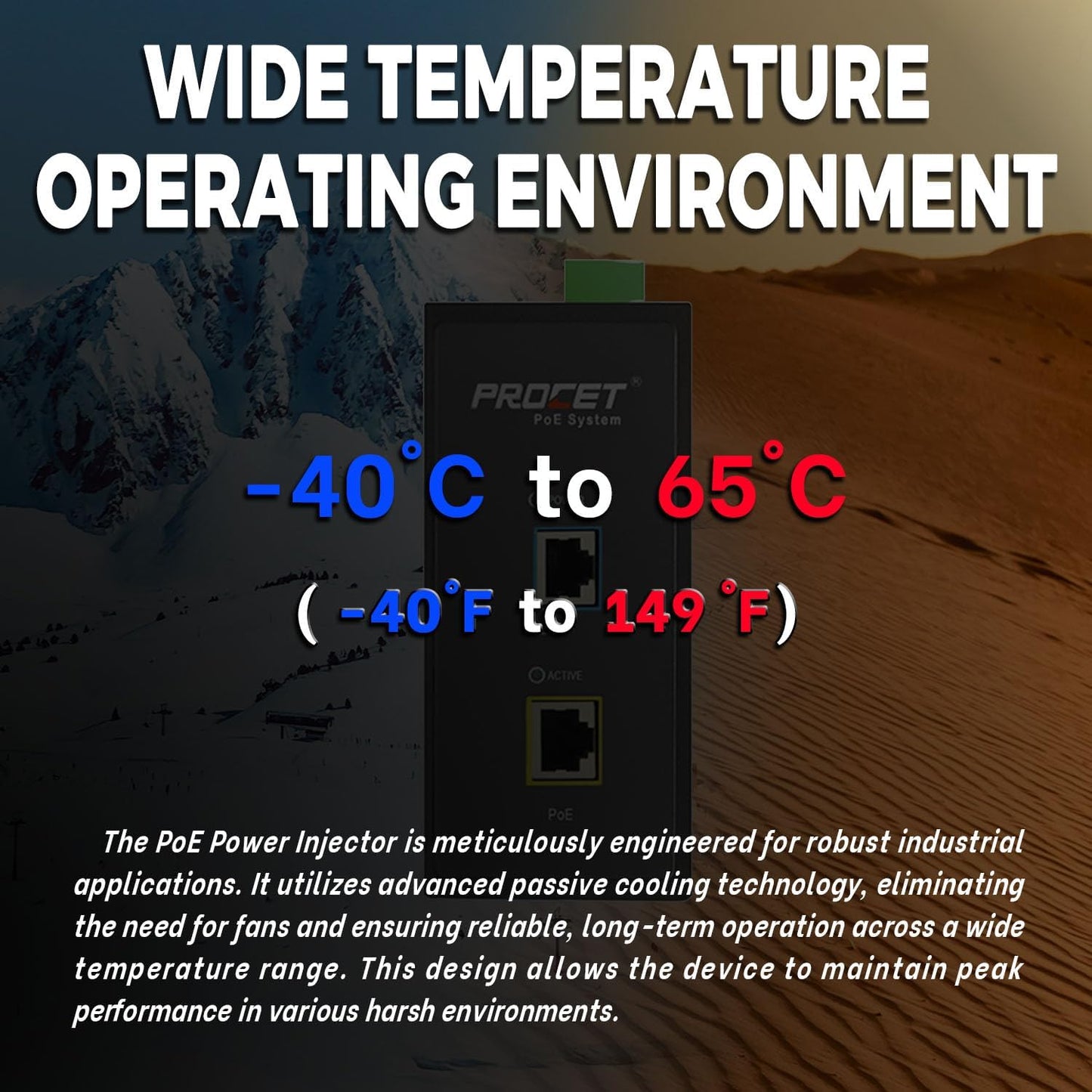 PROCET Gigabit PoE+ Injector Din Rail, 30W Industrial PoE Adapter with Wide Temp -40°F to 149°F, 6KV Surge Protection, AC/DC Input, IEEE802.3af/802.3at, PT-PSE105G-AC