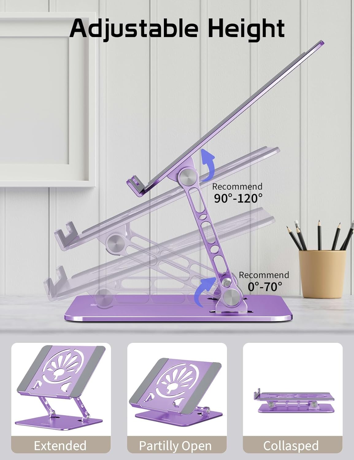 Aluminum Laptop Stand for Desk – Adjustable Ergonomic Laptop Riser, Foldable & Portable Holder Fit for MacBook & 10"-16" Laptops for Office, Home & Travel,Purple