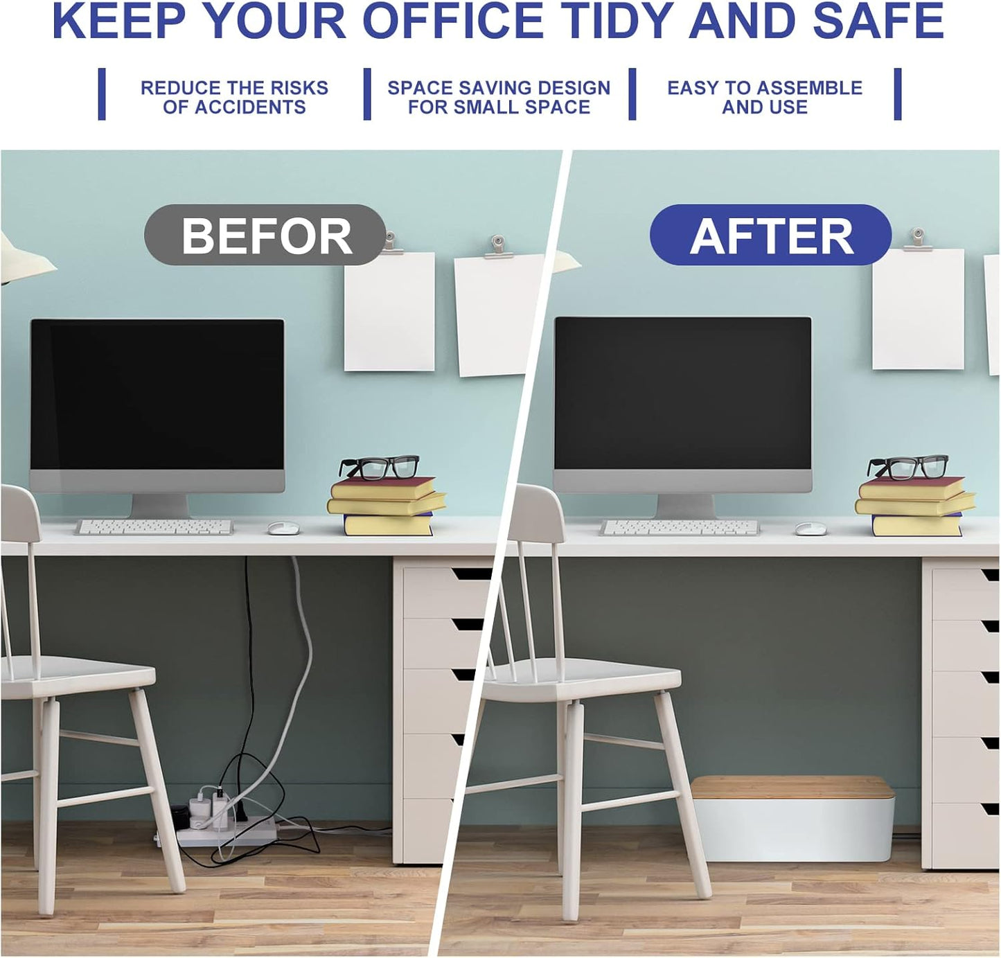 Cable Management Box - Wooden Style Cord Organizer Box to Hide Wires & Power Strips | Desk Computer Cable Organizer Box | Safe ABS Material | 12.6" (L) x 5.3" (W) 4.9" (H) | for Home & Office - White