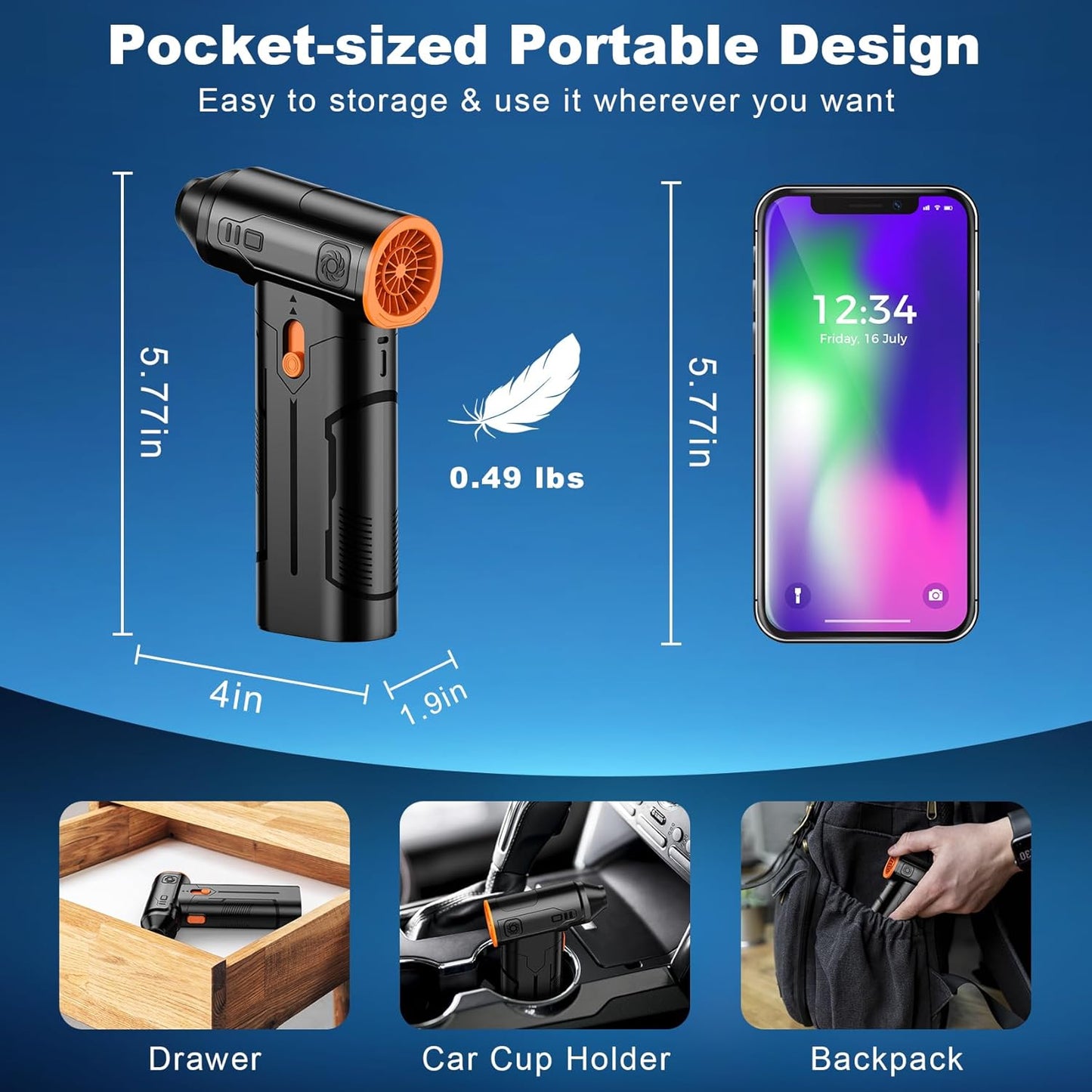 Compressed Air Duster, 130000RPM Multi-Gear Adjustable Electric Air Duster with Brushless Motor, Replaces Compressed Air Cans, Rechargeable Cordless Air Blower for Home Outdoor Computer Keyboard Car