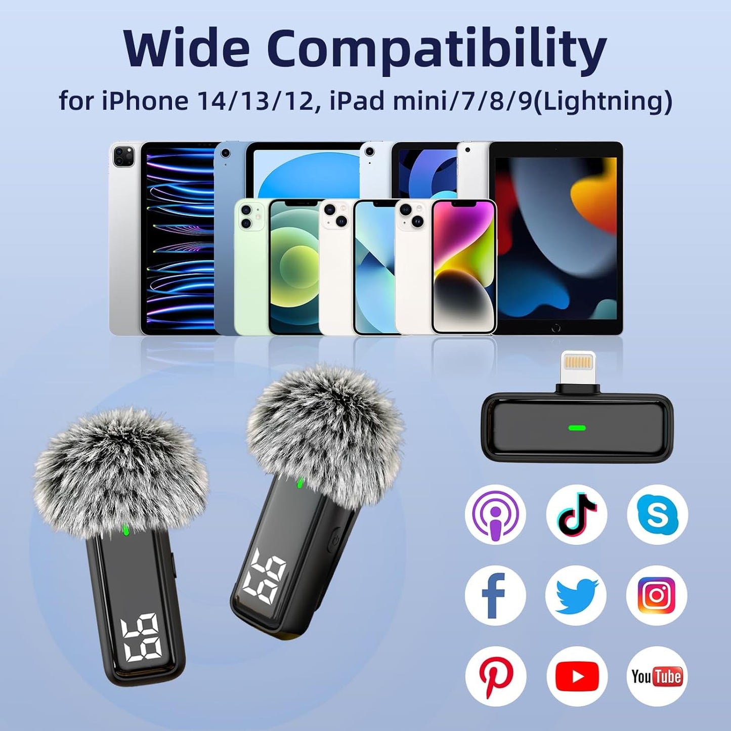 2 Pack Wireless Lavalier Microphone for iPhone 14/13/12 Lapel Mic Lightning Lav Mic with 24 H Charging Case for Video Recording Vlog TikTok Instagram - Noise Reduction 70 FT Transmission