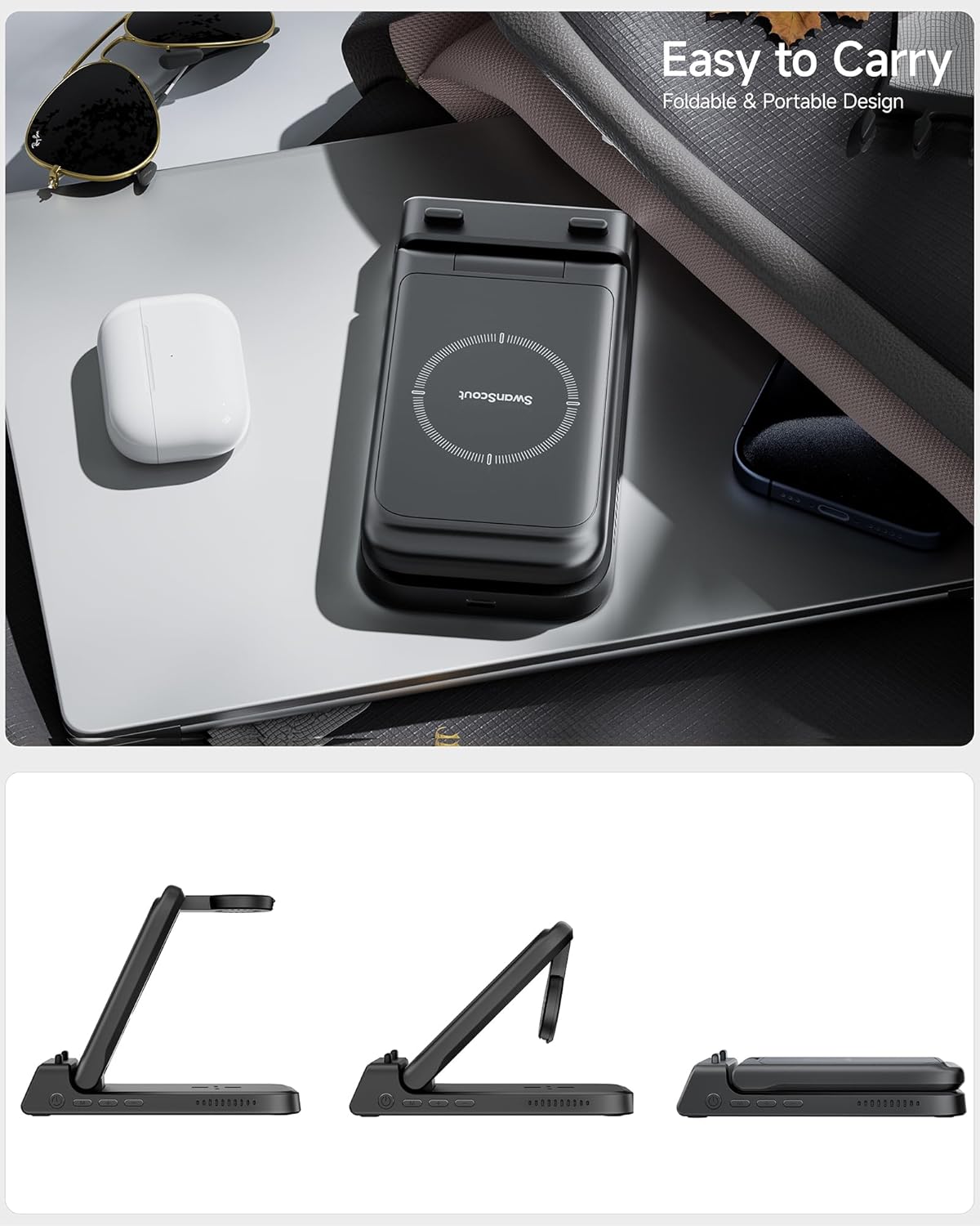 Charging Station for iPhone, SwanScout 703A, Wireless Charger for iPhone 16/15/14/13/12/11 Series, for Apple Watch 10/Ultra 2/9/8/7/6/5/SE 2, for Airpods Pro 2/4, Travel Foldable and Portable