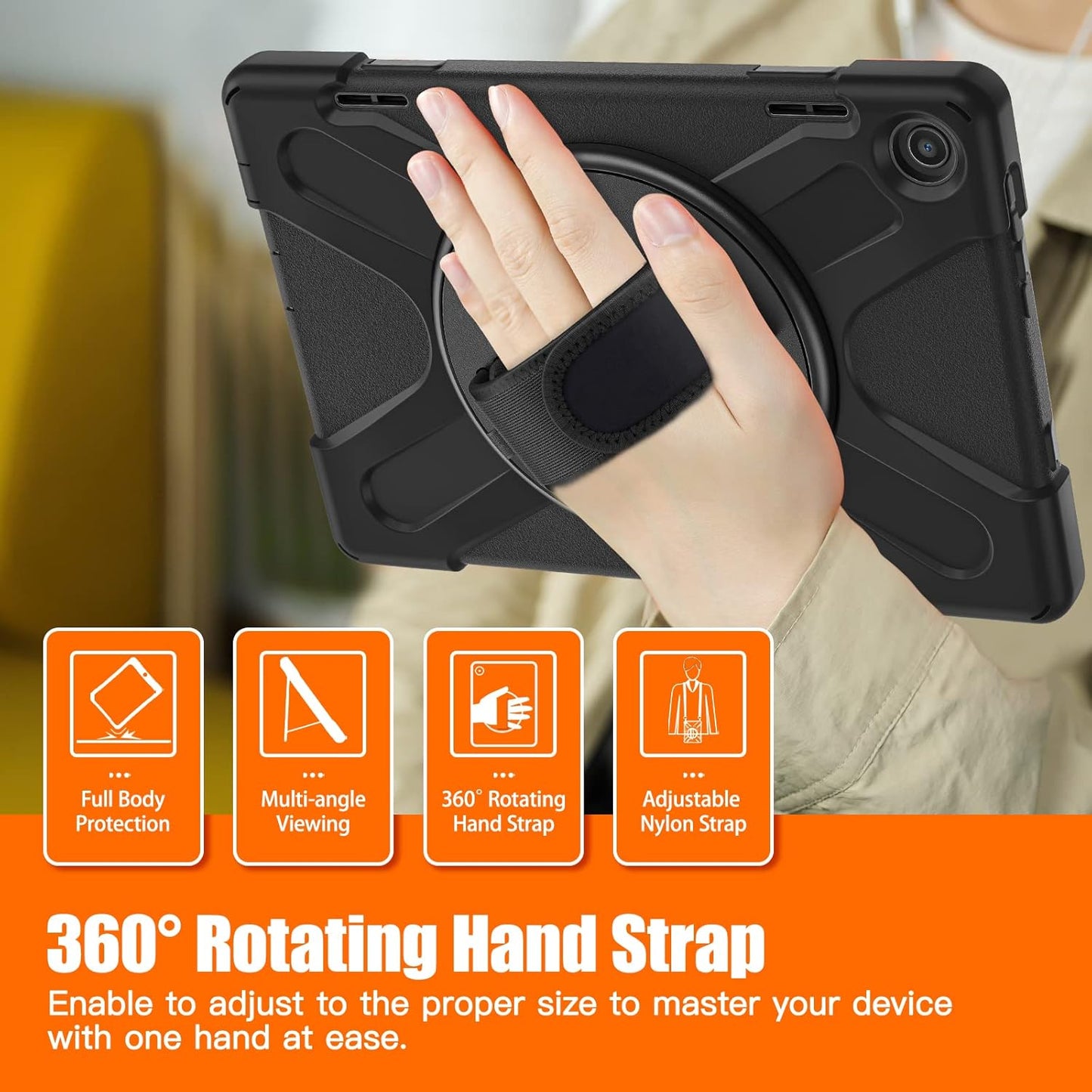 Junfire Shockproof Case for Lenovo Tab M10 3rd Gen 10.1 inch 2022, Heavy Duty Rugged Case with Hand Strap/360°Rotating Kickstand/Shoulder Belt for TB-326FU/TB-328XU,Black