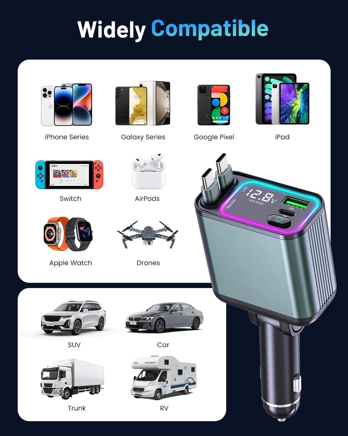 4 in 1 Retractable Car Charger with RGB Light, 92W Fast Charging Dual USB C Car Adapter, Compact Car Phone Charger for iPhone/Galaxy/Pixel, Road Trip Essentials (Dual Type C Cable)