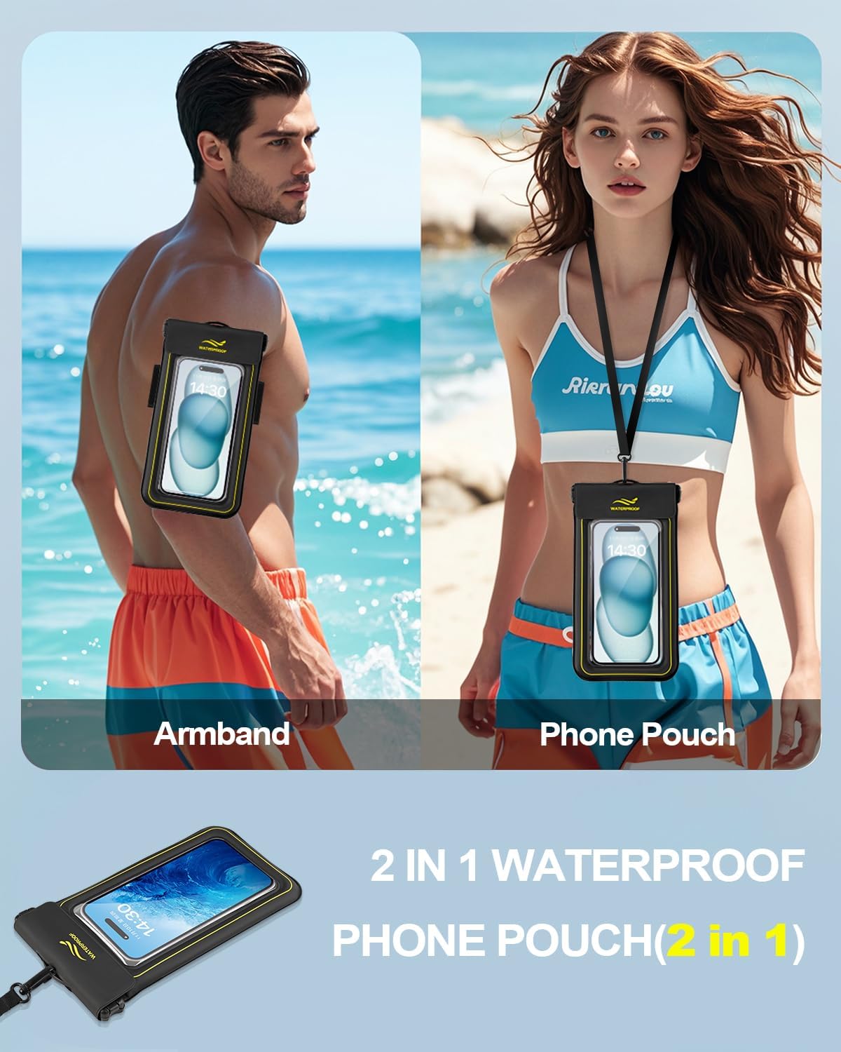 2-in-1 Waterproof Phone Pouch & Phone Armband Floating, Underwater Water proof Phone Cases with Detachable Strap, Waterproof Bags Up to 6.9", Beach Vacation Essentials Water Park Essentials