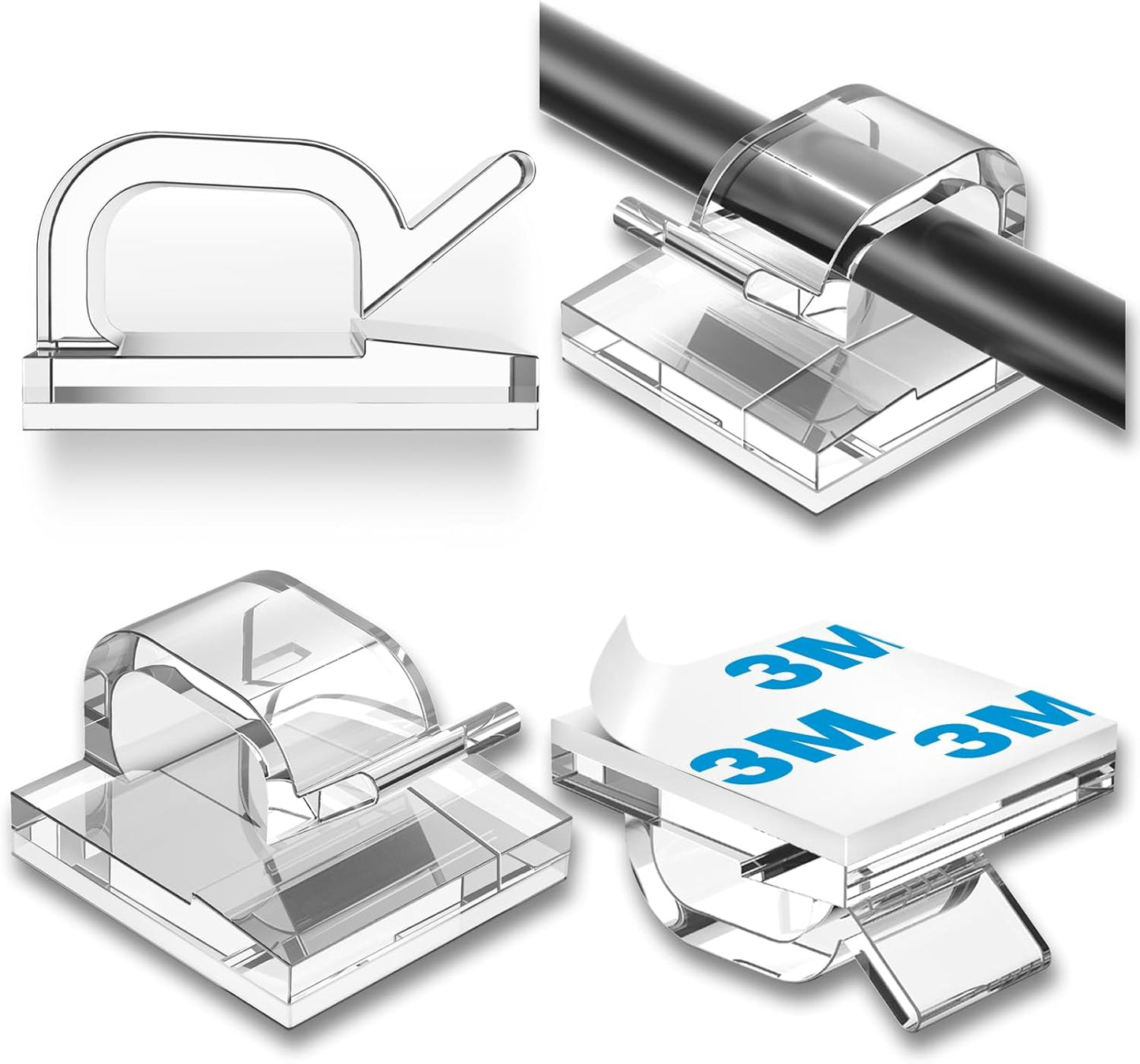 130 Pcs Cable Clips, Adhesive Cable Organizer Cord Holder Wire Clip Wire Management Self Adhesive Hooks Wire Holder for Office, Home(Transparent, 130PCS-Large)