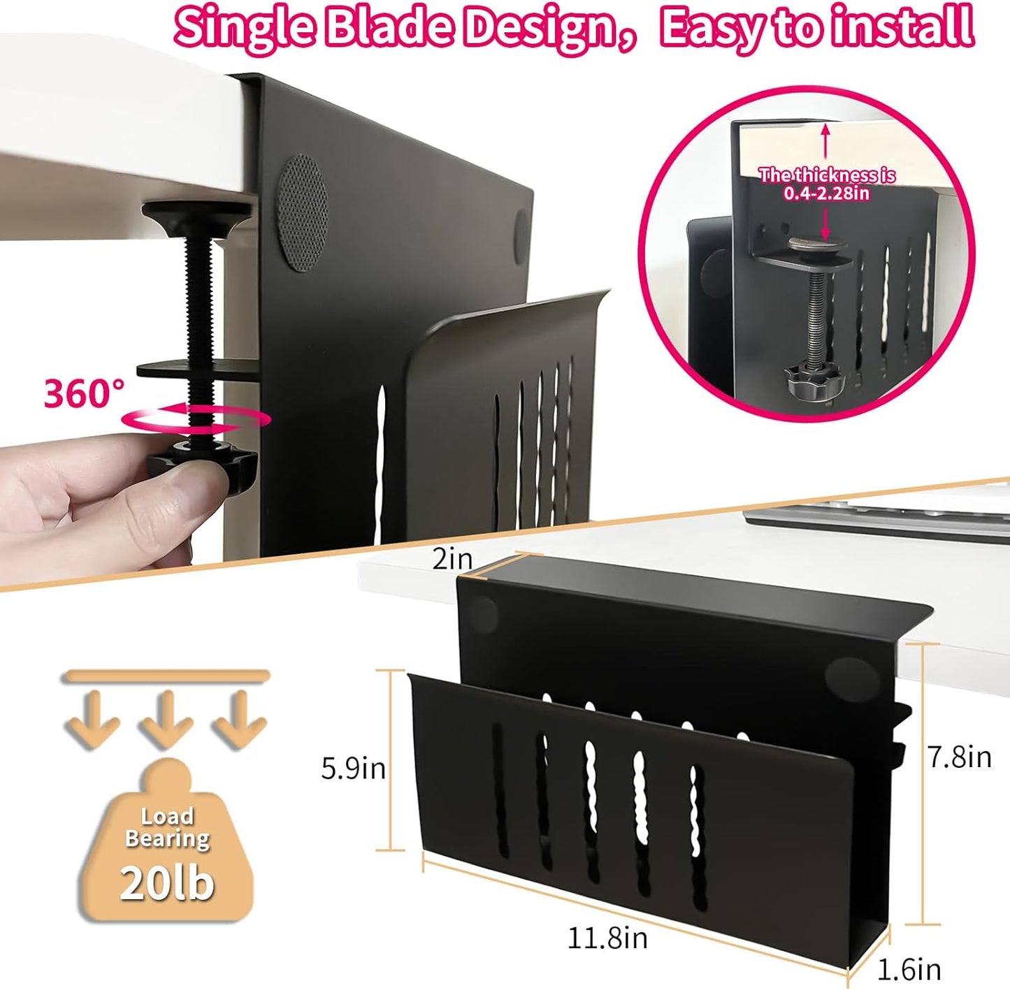 Desk Side Storage, Under Desk Storage, No Drill Steel Hanging Desk Organizer, Laptop Holder, Desk Storage Holder for Office & Home.(Black)