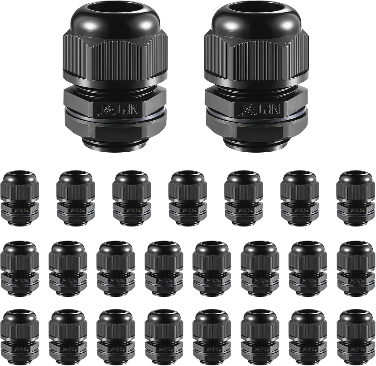 25 PCS 3/4"(12.5-18mm) NPT Nylon Cable Gland Joints with Gaskets, IP68 Adjustable Lock Nut Strain Relief Cord Grip Waterproof Cable Glands - UL Listed and RoHS Compliant