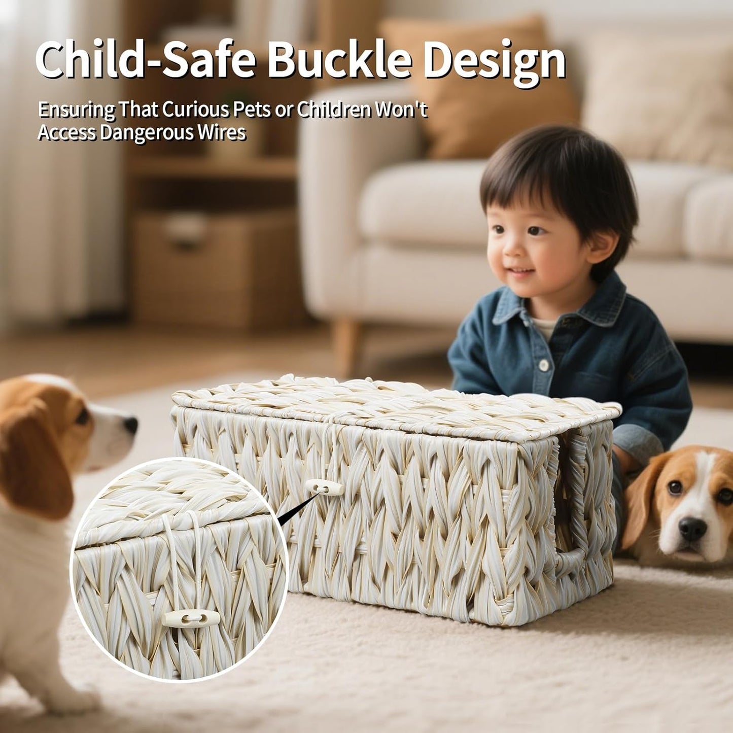 Cable Management Box,Boho Decorative Handwoven 2 Open Slots Cord Organizer Hider Box with Lid for TV Wires, Computer, Router, USB Hub and Under Desk Power Strip