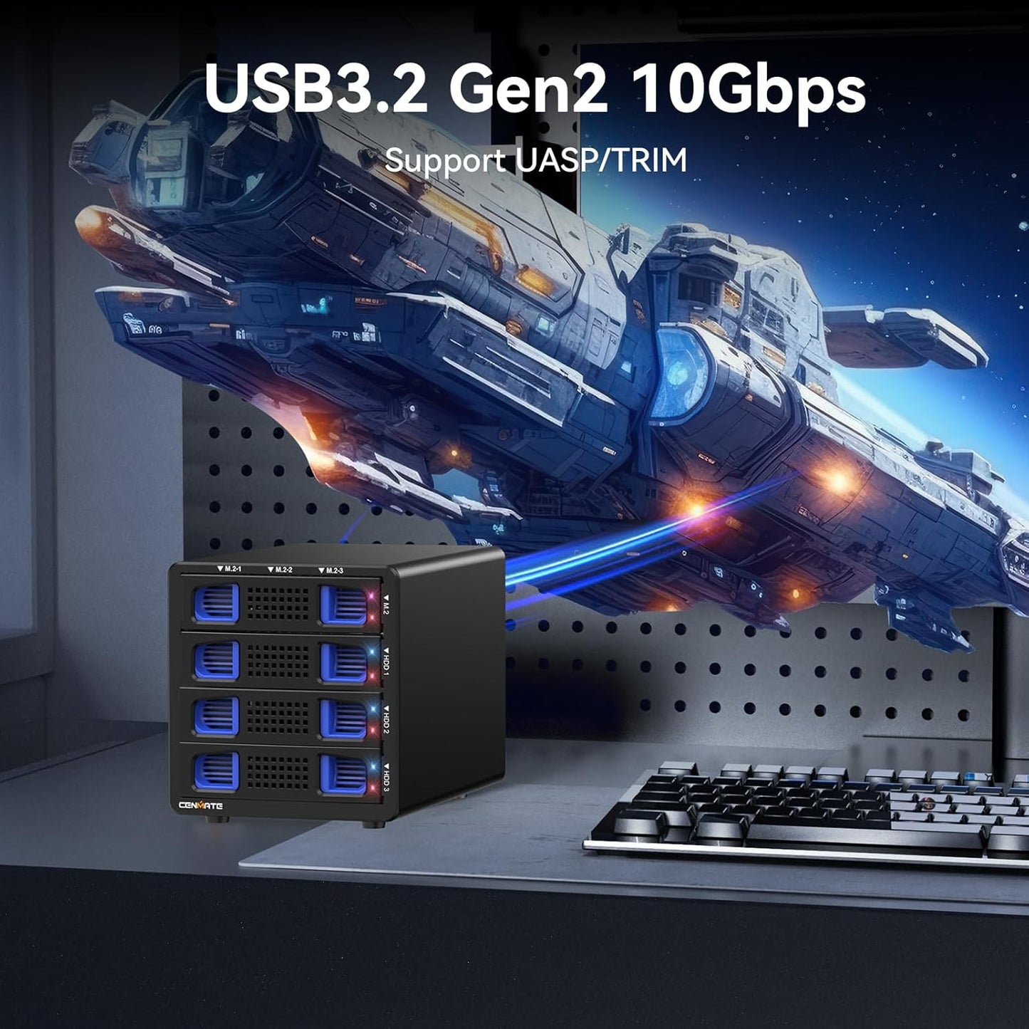 Hybrid 3*2.5/3.5" SATA HDD/SSD(2 HDDs Support 4 RAID Mode)+3* M / B+M Key M.2 NVMe Enclosure with Fan, USB A/C 3.2 Gen 2, Hard Drive Enclosure Support 90TB(3*22TB HDD+3*8TB 2230/42/60/80/110 SSDs)