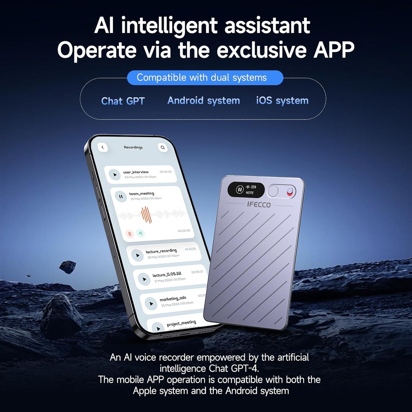 IFECCO AI Voice Recorder - Digital Voice Recorder Summarize with AI Technology, 64GB Memory, Support 152 Languages, App Control, Audio Recorder for Lectures Recorders, Meetings, Calls