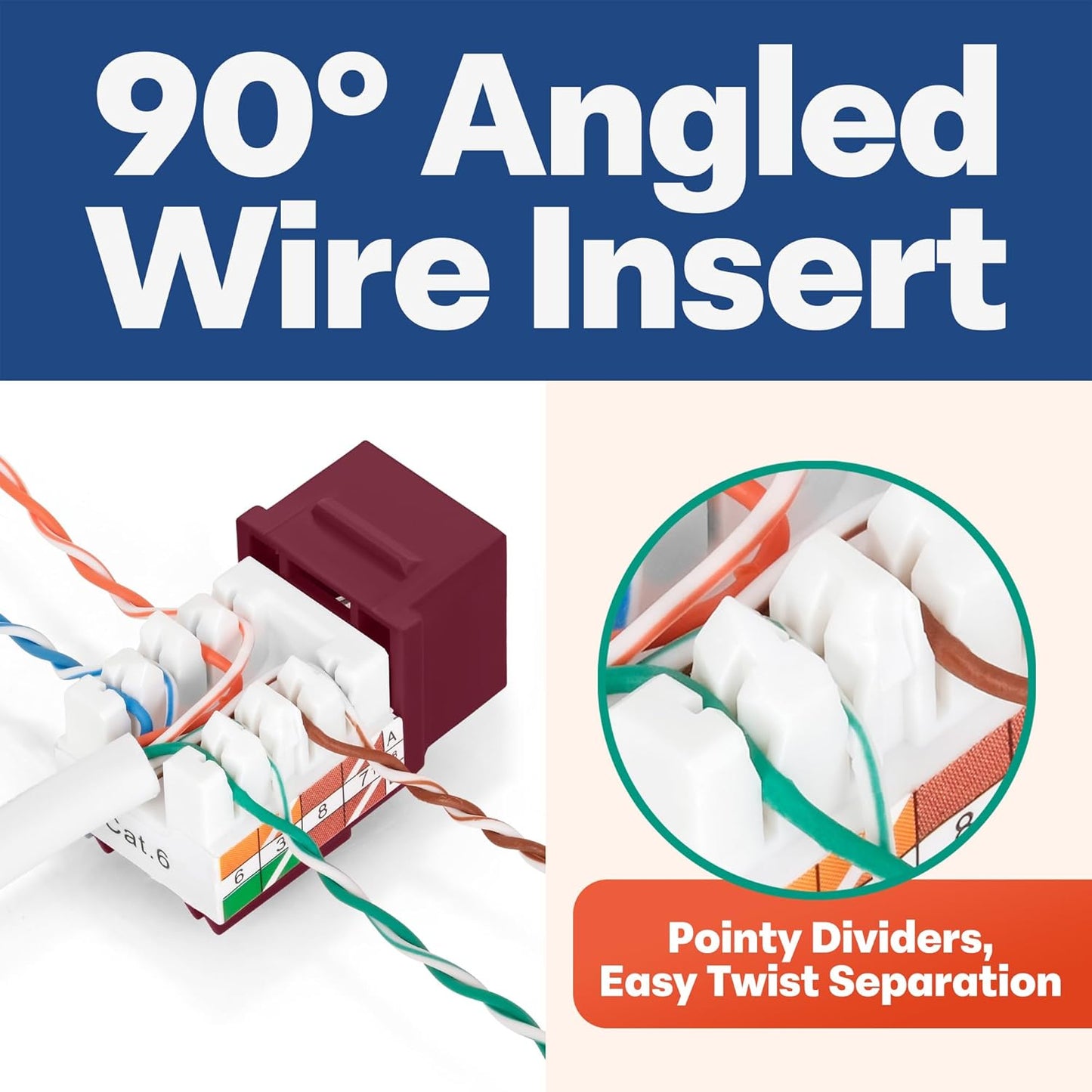 Everest 90° Angled RJ45 Cat6 Keystone Jacks 20-Pack in Red - Slim Profile Female RJ45 Connectors - Cat 6 Keystone Jack - Compatible with 90° Angled Speed Termination Tool - easyJACK (B094WB91H3)