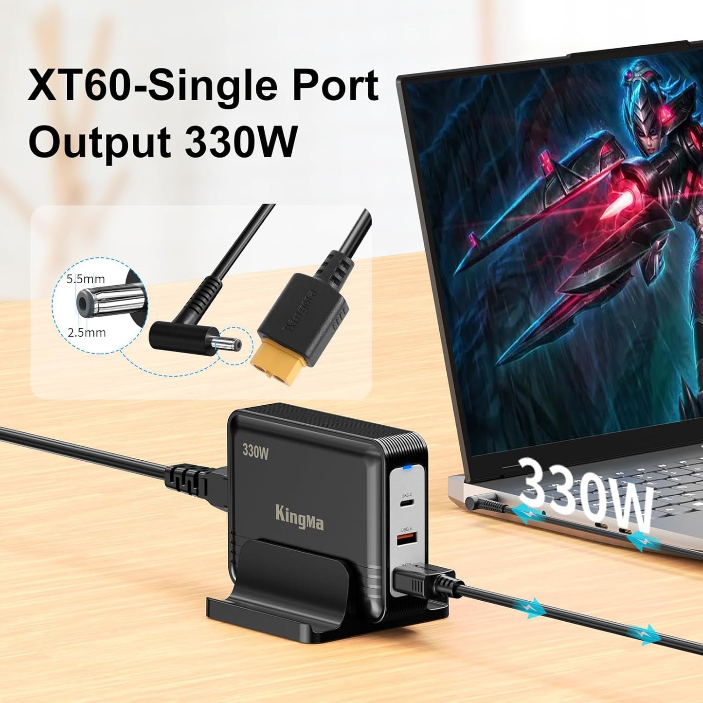 ASUS 330W GaN Gaming Laptop Charger with 55/25mm Cable, PD 3.0 (20V/16.5A) 3-Port Fast Charging Adapter Compatible with FX50/FX53/ZX50/K550/N550/A550/N551/FX63 for ASUS TUF Gaming & ROG Strix Laptops