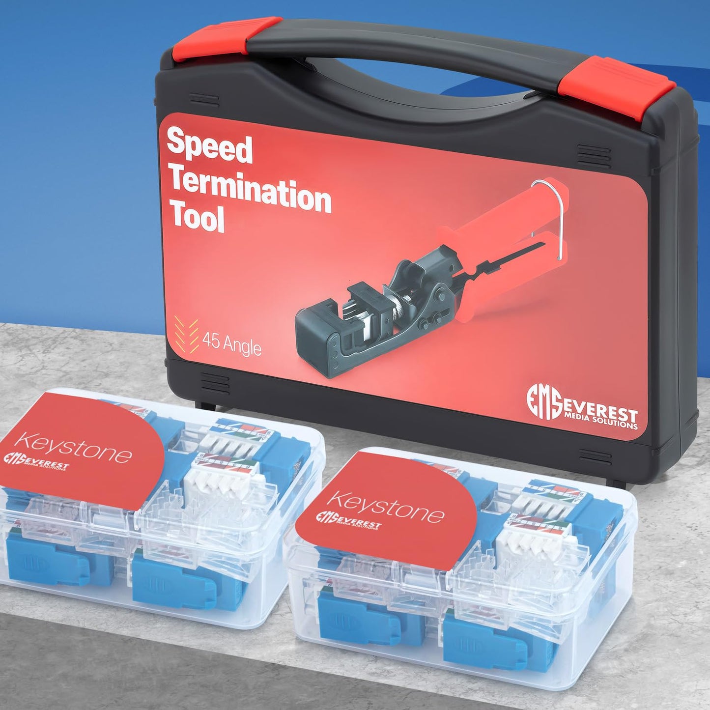 Everest easyJACK - 45° Angled Speed Termination Keystone Tool Set - with 20-Pack of RJ45 Cat6A Keystone Jacks in White (Slim Profile Design) - Time Saver Network Punch Down Tool Cat6A