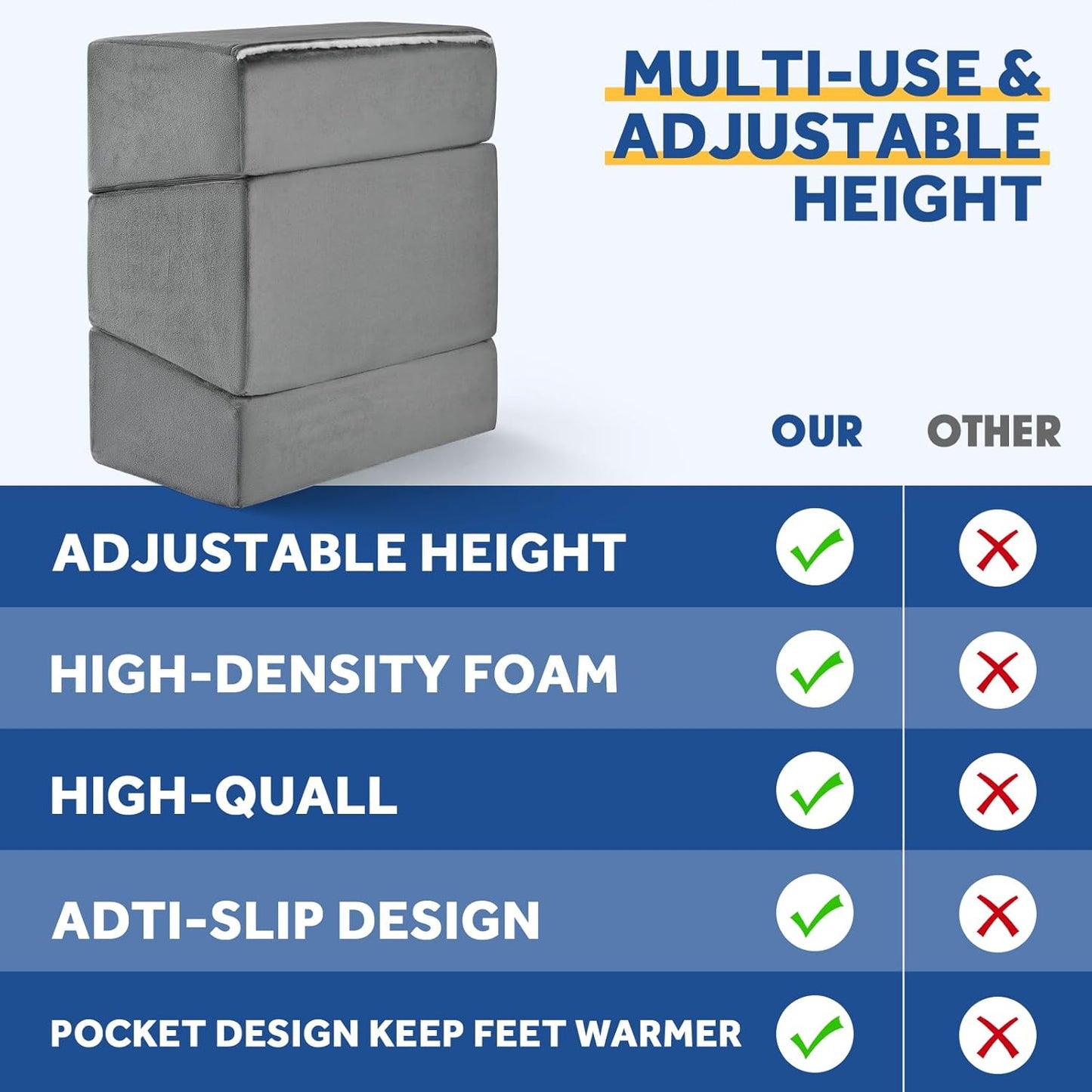 Foot Rest for Under Desk at Work, Adjustable Footrest for Office Chair & Gaming Chair,Ergonomic Footrest Pillow Desk Foot Stool with Washable Cover for Home, Airplane, Travel (Gray)