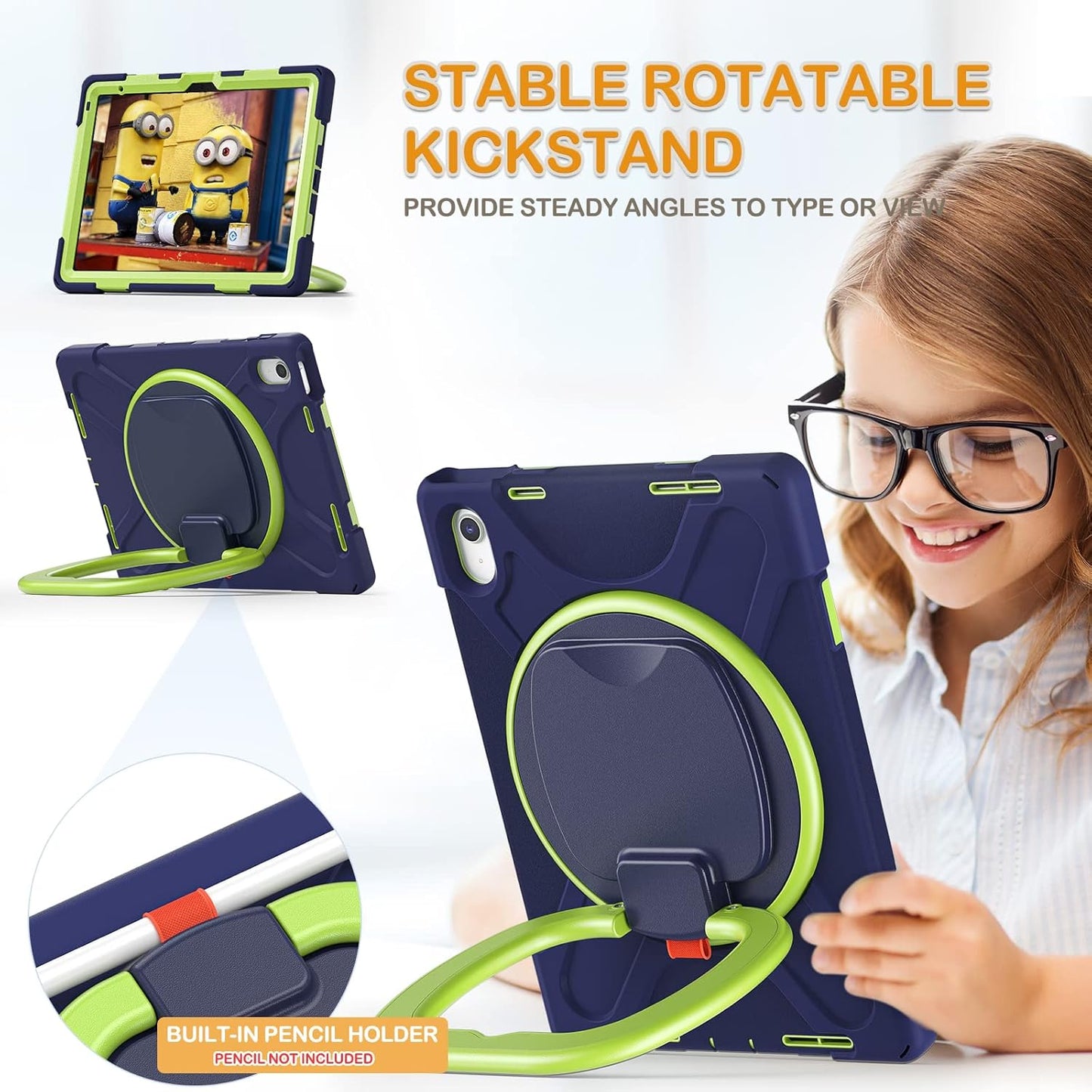 BRAECN Case for iPad (A16) 11th/10th Generation 11”/10.9'' 2025/2022-Rugged Silicone Cover with Swivel Ring Stand/Pencil Holder/Handle Grip/Kickstand/Screen Protector/Shoulder Strap, Navy Green