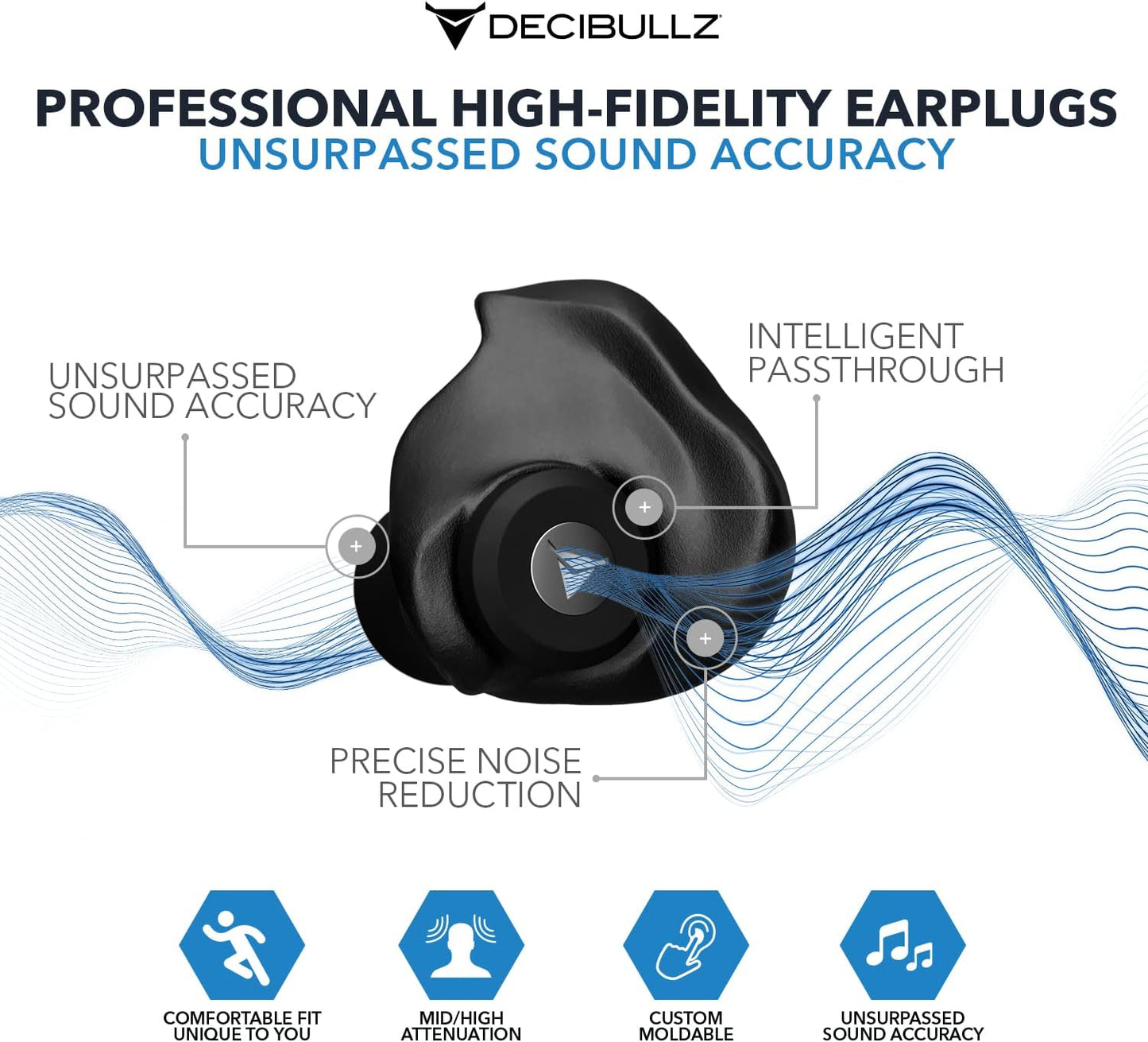 Decibullz Professional Moldable Earplugs, Noise Cancelling Earplugs, Concert Ear Plugs, Perfect for Musicians, Recording Artists, DJ's, and Festivals