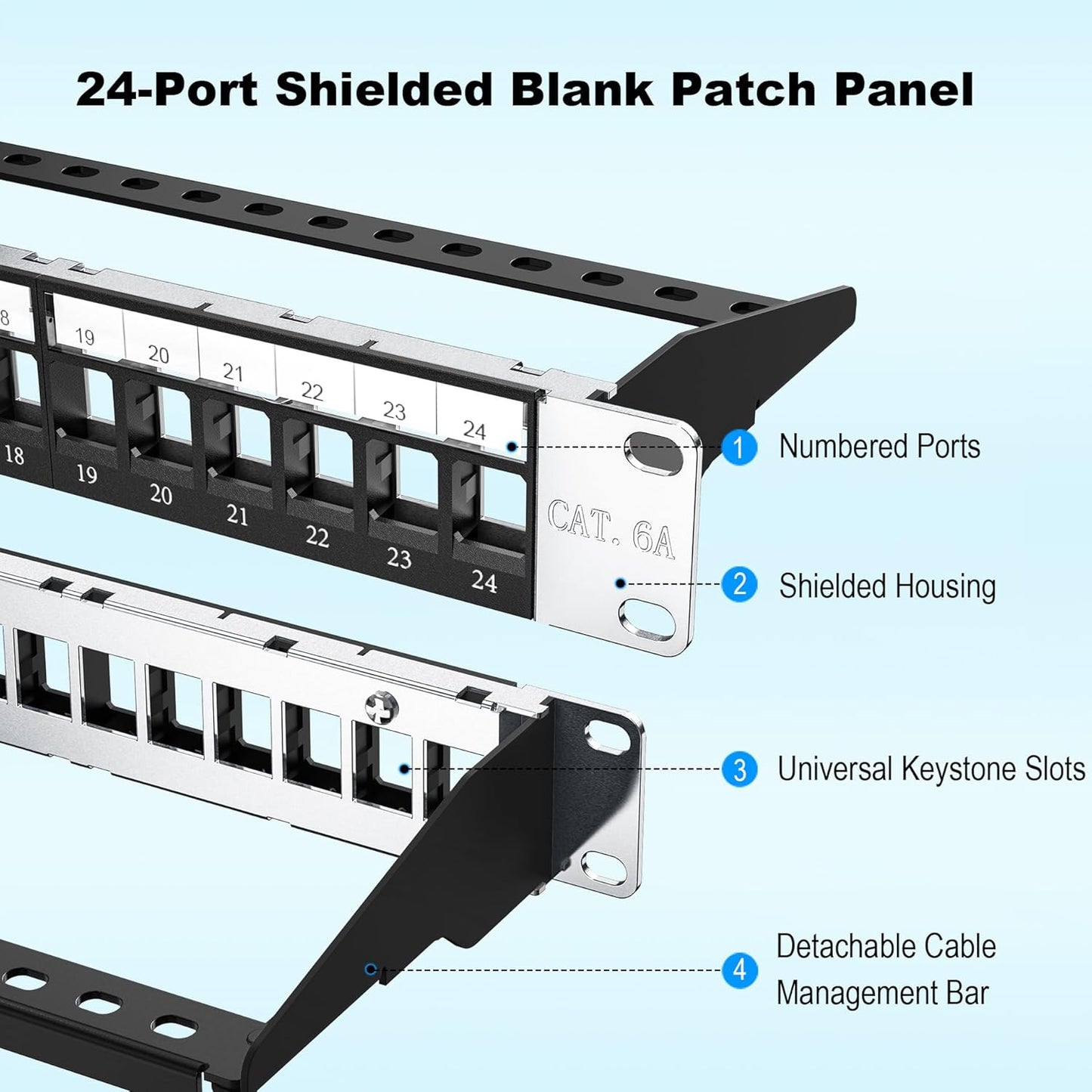 Jadaol 24 Port Blank Patch Panel, 1U 19inch Rack/Wall Mount Patch Panel with Cable Management Bar, Compatible with Cat6 Keystone Jacks, HDMI, Coax, USB, Fiber, Audio Keystone Jacks