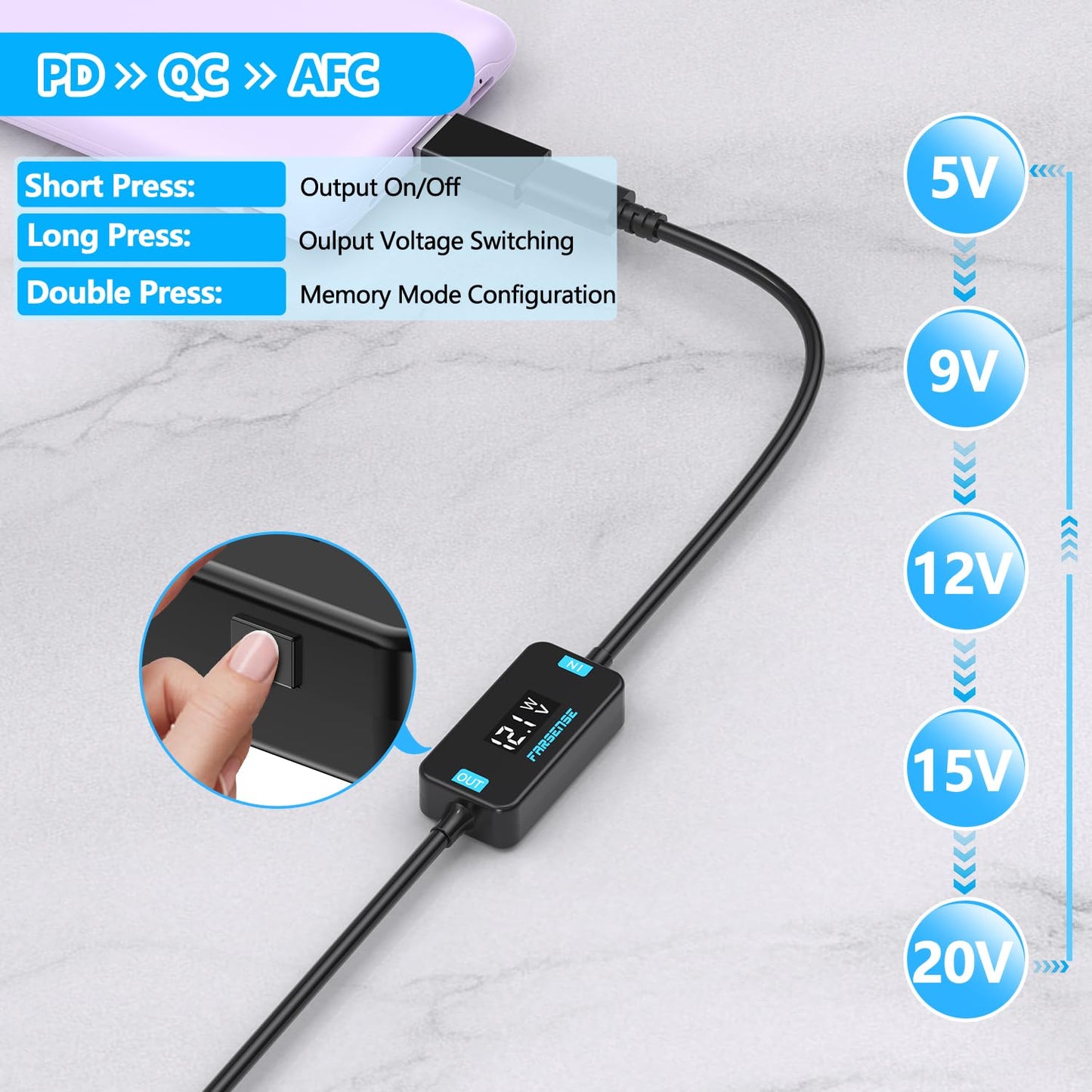 FARSENSE USB C to DC Adapter,Barrel PD Trigger Cable(3.3ft) with 10 Connector Tips,USB to DC Power Cable can Switch Voltage by Pressing The Key,Support LED Display Voltage