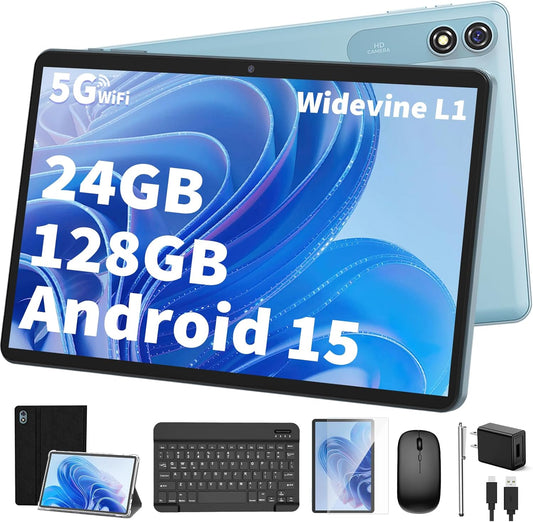 Android Tablet with Keyboard,10 inch Android 15 tablet, 24GB RAM 128GB ROM, 1TB Expand, Octa-Core, Widevine L1, 2.4G/5G WiFi, 8000mAh, Bluetooth, GMS, 2 in 1 Tablet with Case, Mouse, Stylus (Black)