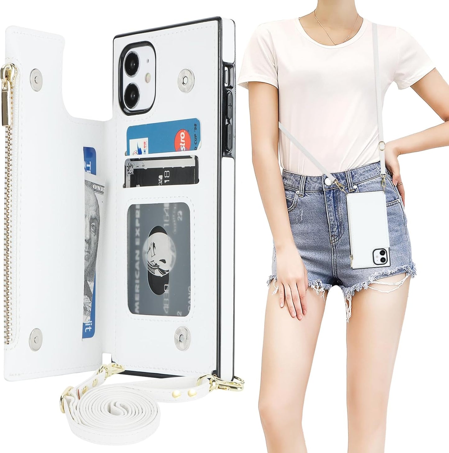 Bocasal Crossbody Wallet Case for iPhone 11 with Card Holder,Zipper Card Slot Protector Shockproof Purse Cover with Removable Cross Body Strap 6.1 Inch (White)