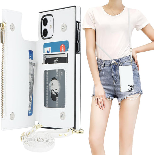 Bocasal Crossbody Wallet Case for iPhone 11 with Card Holder,Zipper Card Slot Protector Shockproof Purse Cover with Removable Cross Body Strap 6.1 Inch (White)