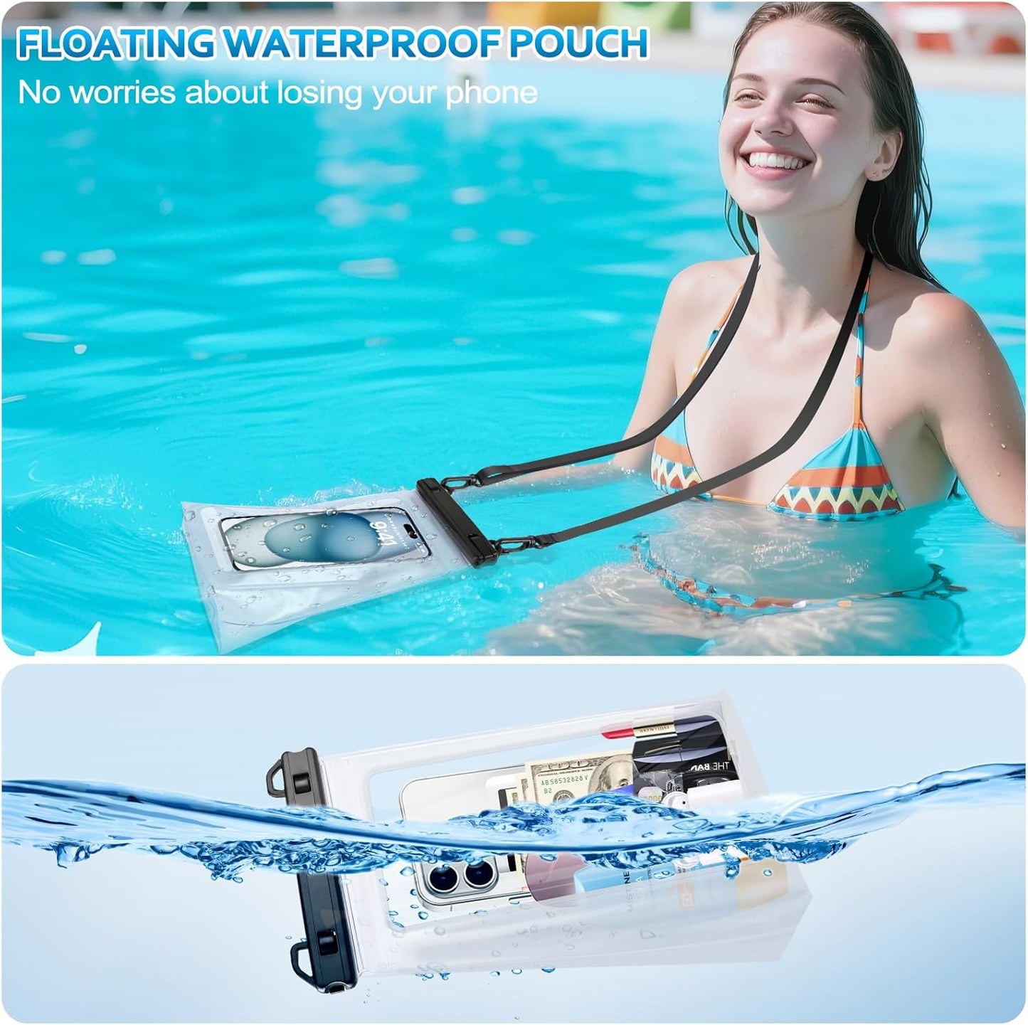 2 Pack Large Waterproof Phone Pouch, IPX8 Double Sealing Floating Waterproof Bag for iPhone 16 15 14 Pro Max Sumsang S25 S24 Google All Devices