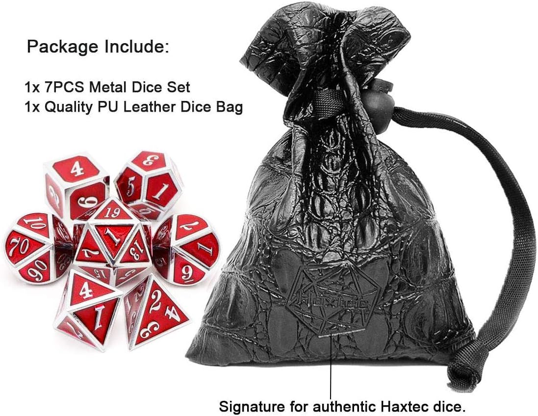 Haxtec Metal Dice Set D&D Red Silver DND Dice Set for Dungeons and Dragons RPG Games Leather Dice Bag DND Gifts-Glossy Enamel Dice (Silver Red)