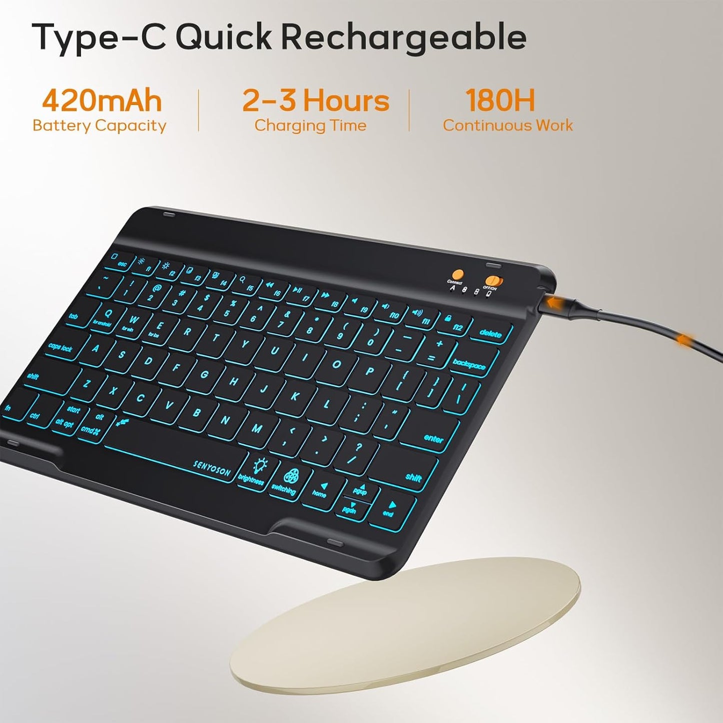 BLUTLOTUS for iPad 11th (A16) 10th Generation Case with Keyboard (2025/2022) - 360° Rotatable Magnetic Folio Cover, 7 Color Backlit Detachable Keyboard with Pencil Holder (Black)