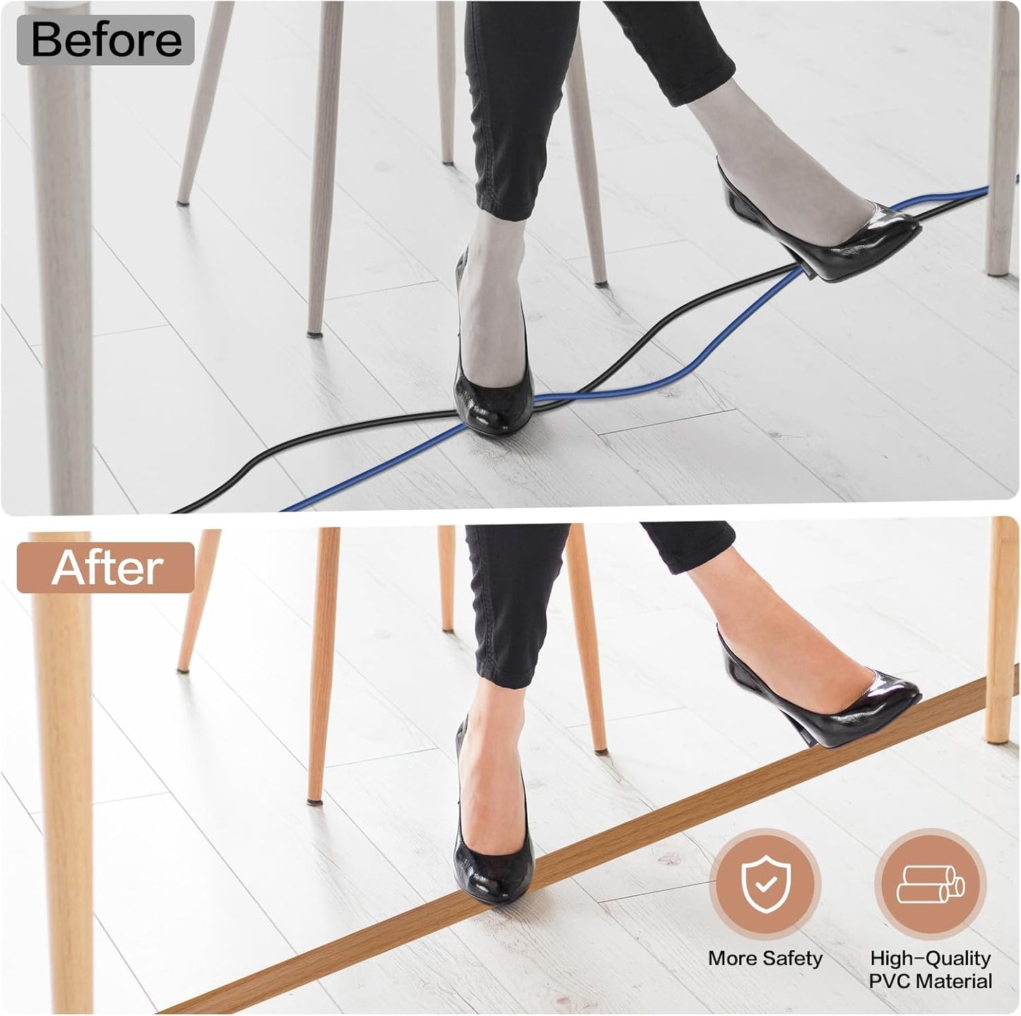 Floor Cord Cover Self Adhesive Cord Hider Floor Extension Cord Covers for Floor Power Cord Protector Cable Management Prevent Cable Trips Cable Cavity 0.51" W x 0.31" H (Light Brown Wood, 10Ft)