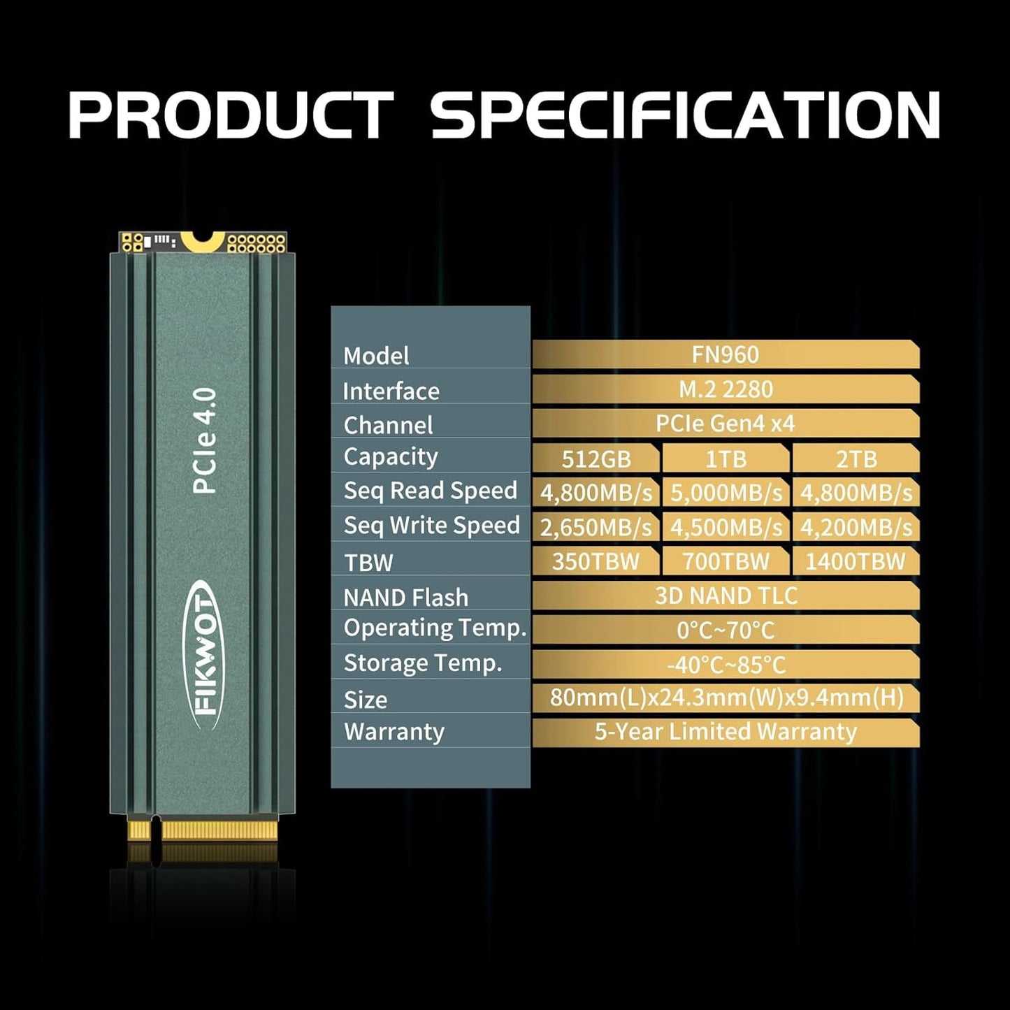 FN960 1TB M.2 2280 PCIe Gen4 x4 NVMe 1.4 Internal Solid State Drive with Heatsink - Speeds up to 5,000MB/s, Dynamic SLC Cache, Internal SSD
