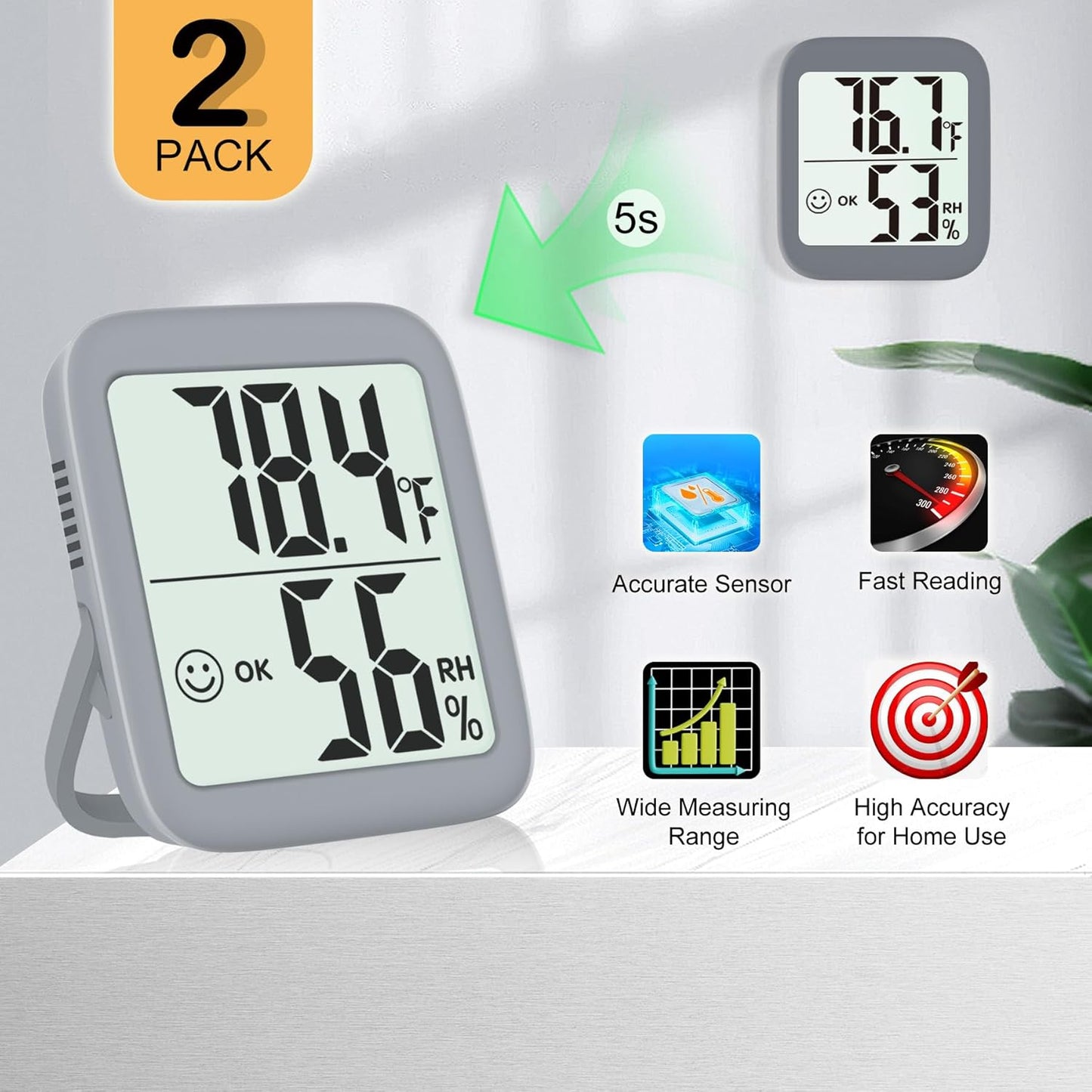 Antonki 2 Pack Room Thermometer for Home, Indoor Hygrometer Humidity Meter Gauge, Digital Temperature and Humidity Sensor Monitor for House, Terrarium, Incubator, Greenhouse - Battery Included
