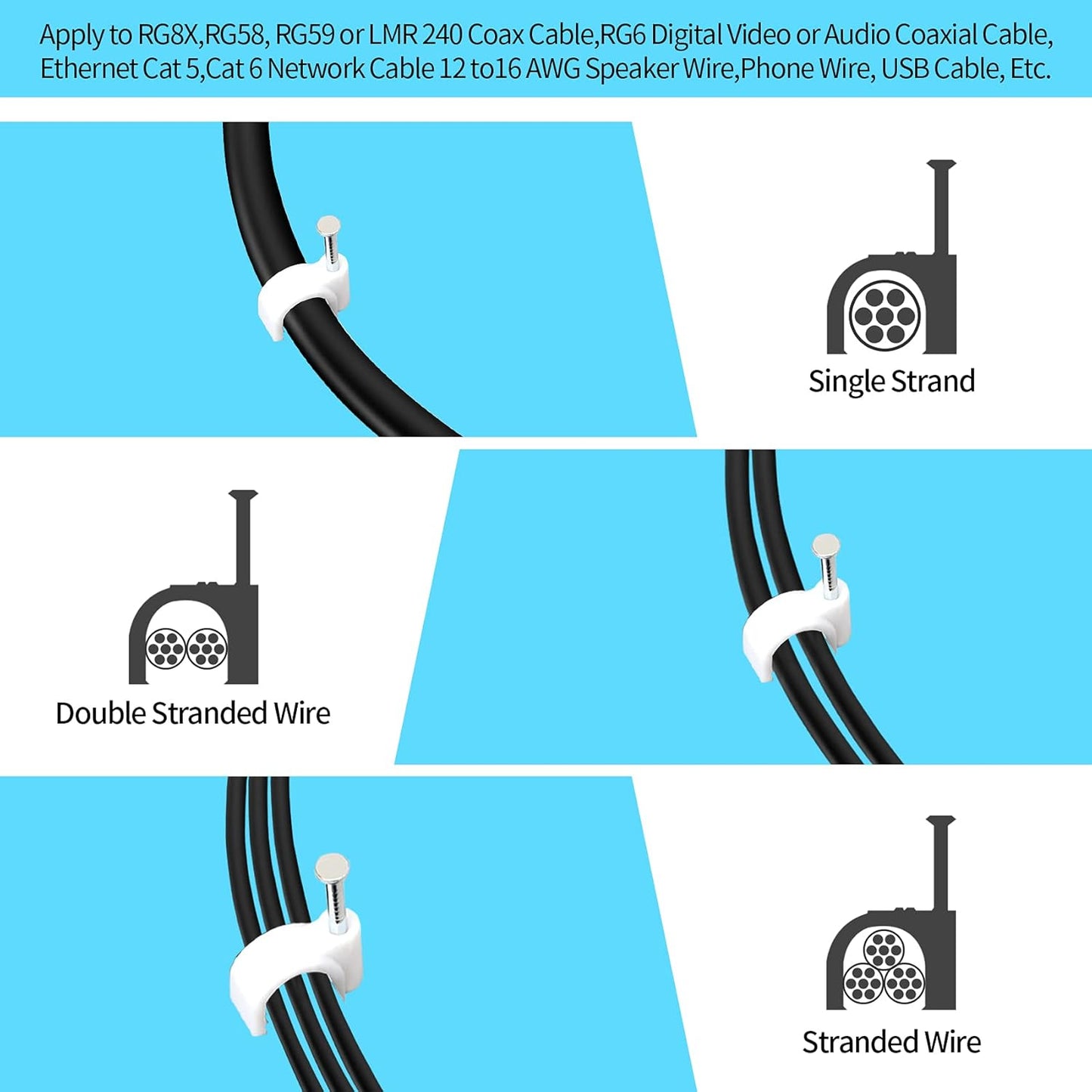 Cable Clips, 400 Pcs, 4mm 6mm 8mm 10mm, Wire Wall Clips with Steel Nails, Ethernet Cable Clips, Cable Tacks Coax Cable Clips, RG6 RG59 CAT6 RJ45 Cable Cord Clips, White…