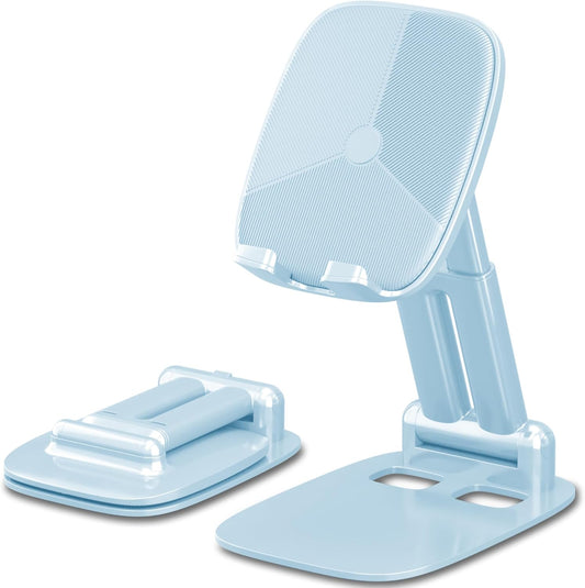 DEERLAMN Cell Phone Stand for Desk, Height Adjustable Cell Phone Holder Portable Desktop Stand, Travel Home Office Desk Accessories Compatible with iPhone 16/15/14/13/12/11 All Smartphone - Light Blue
