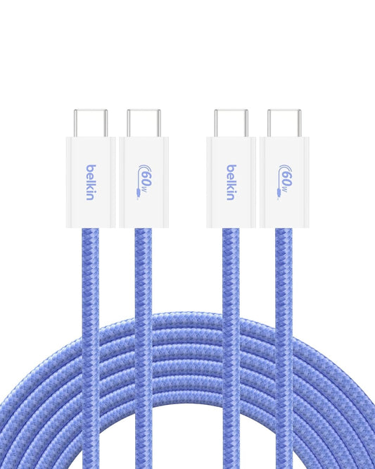 Belkin USB C to USB C Cable 2-Pack, 9.9ft, 60W - Type C Charger, iPhone Charger Cord, Soft, Braided, Flexible for iPhone 16, Galaxy S25, Pixel 9, Airpods, iPad Pro & More, Travel Essentials - Blue
