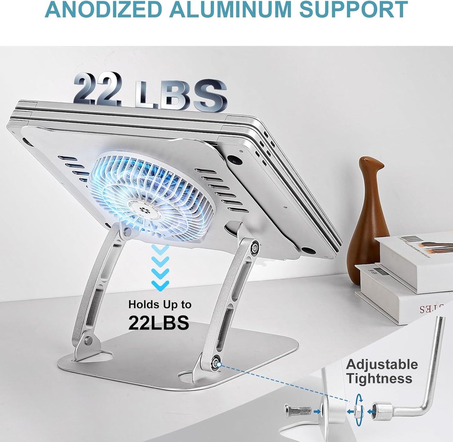 SHUWEI Laptop Cooling Stand with 3 Speed Fan, Adjustable Height Laptop Stand for Desk, Ergonimic Aluminum Laptop Cooling Pad for 10-15'' Notebook - Silver