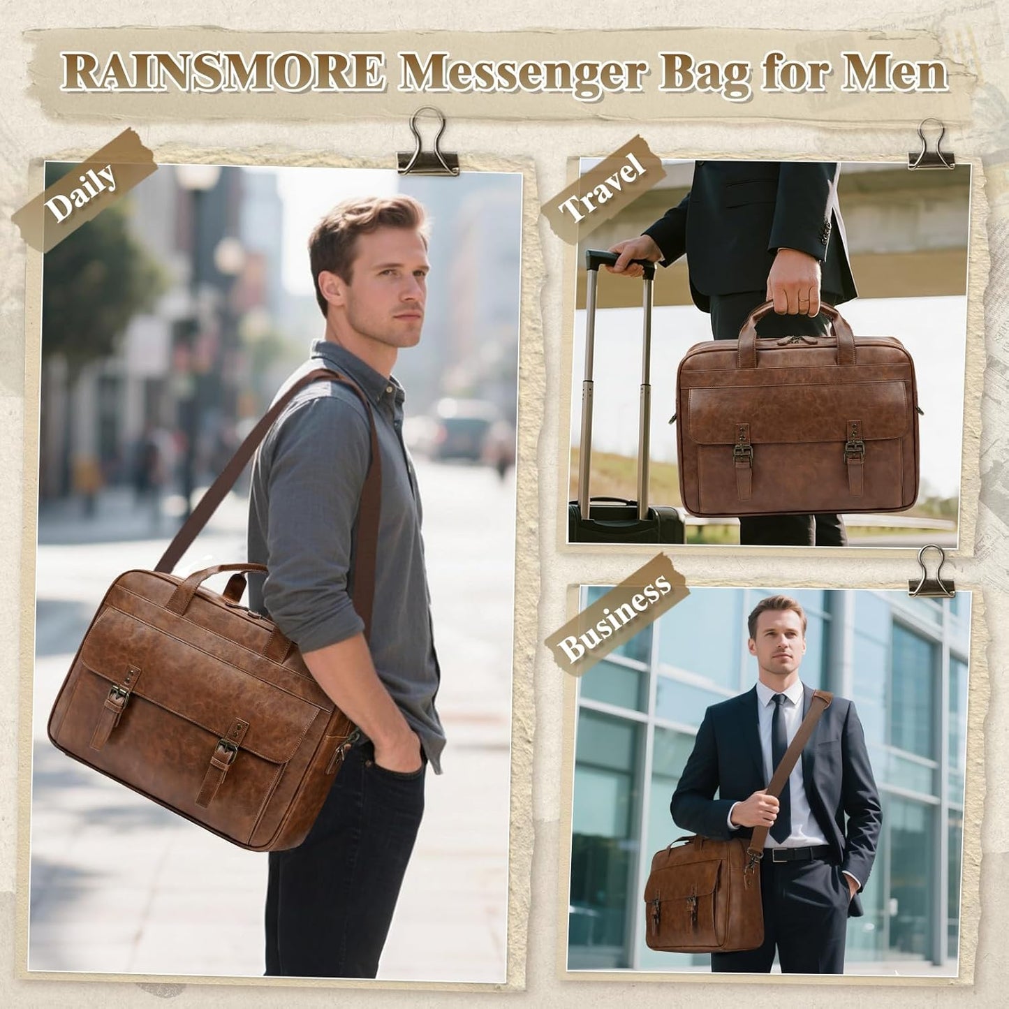 RAINSMORE Messenger Bag for Men 16 Inch Laptop Bag Vintage Leather Waterproof Laptop Briefcases Large Computer Satchel Bag