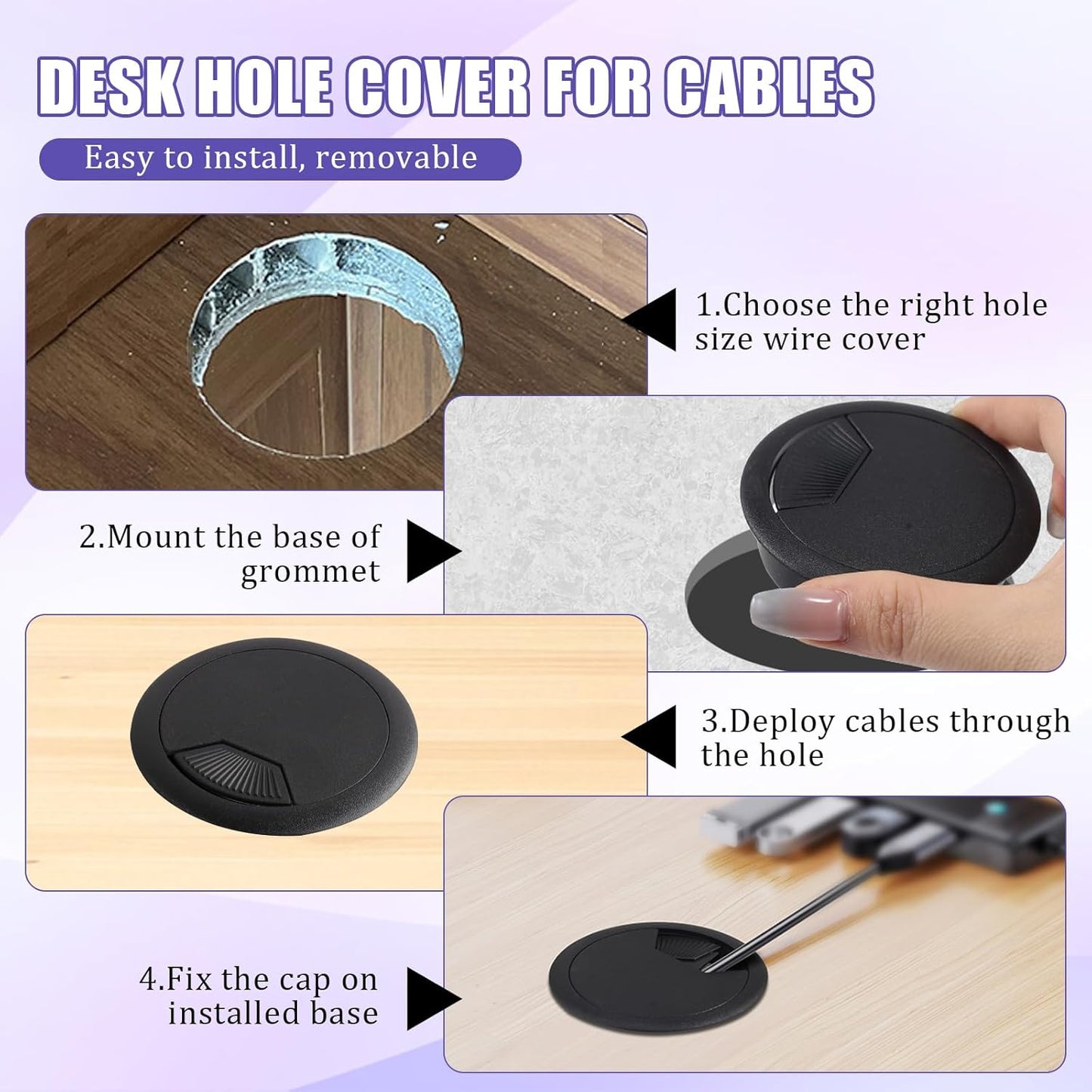 12 Desk Grommet, Desk Hole Cover, Large Capacity, Detachable and Adjustable Cable Organizer, Suitable for Organizing Home and Office Cables (Black, 2 Inches)