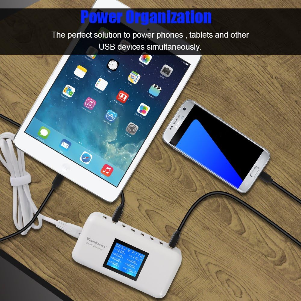 60W/12A 8-Port Desktop Charging Station Multiple USB, Multi Port Travel Fast Wall Charger Hub with LCD for Smart Phones, Tablet and More (White)