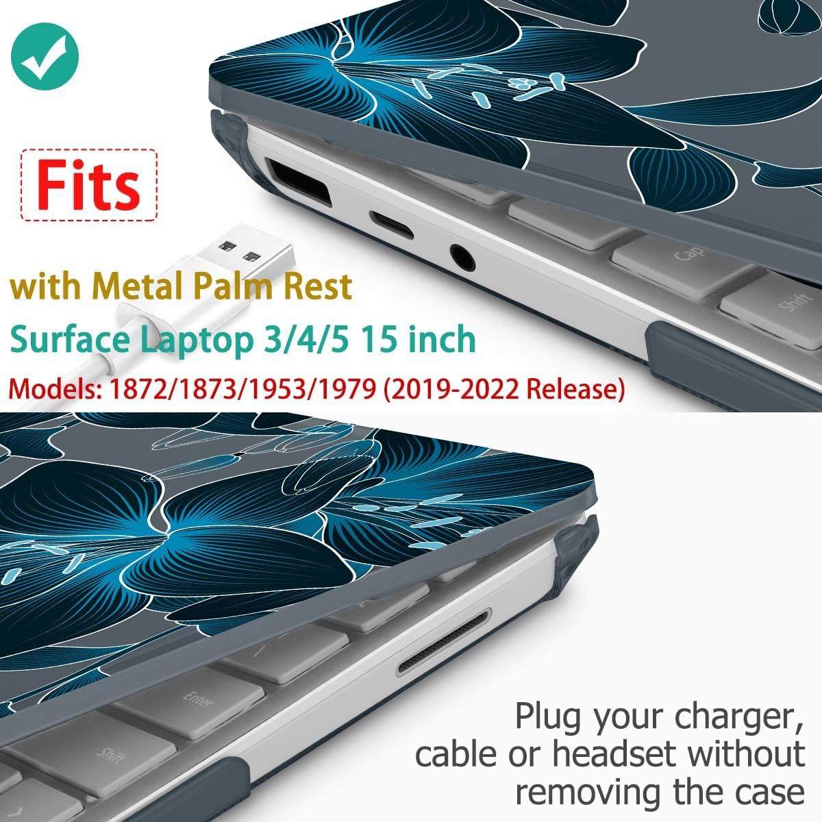 Tuiklol Case for 15 Inch Microsoft Surface Laptop 5/4/3 2022-2020, Model 1979/1953/1872/1873 Hard Shell Cover, Keyboard Cover+Screen Protector+Dust Plugs,Black Lilies Flowers