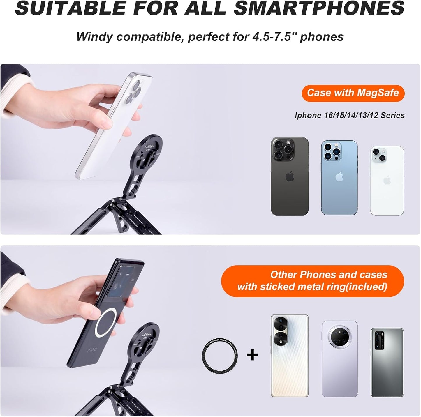 COMAN DP55 Magnetic Phone Tripod for iphone, Foldable Magnetic Mini Tripod Pocket Cell Phone Stand with Arca-Swiss, 1/4'' Screw Hole, Cold Shoe Mount, Compatible with Magsafe for iPhone 16/15/14/13/12