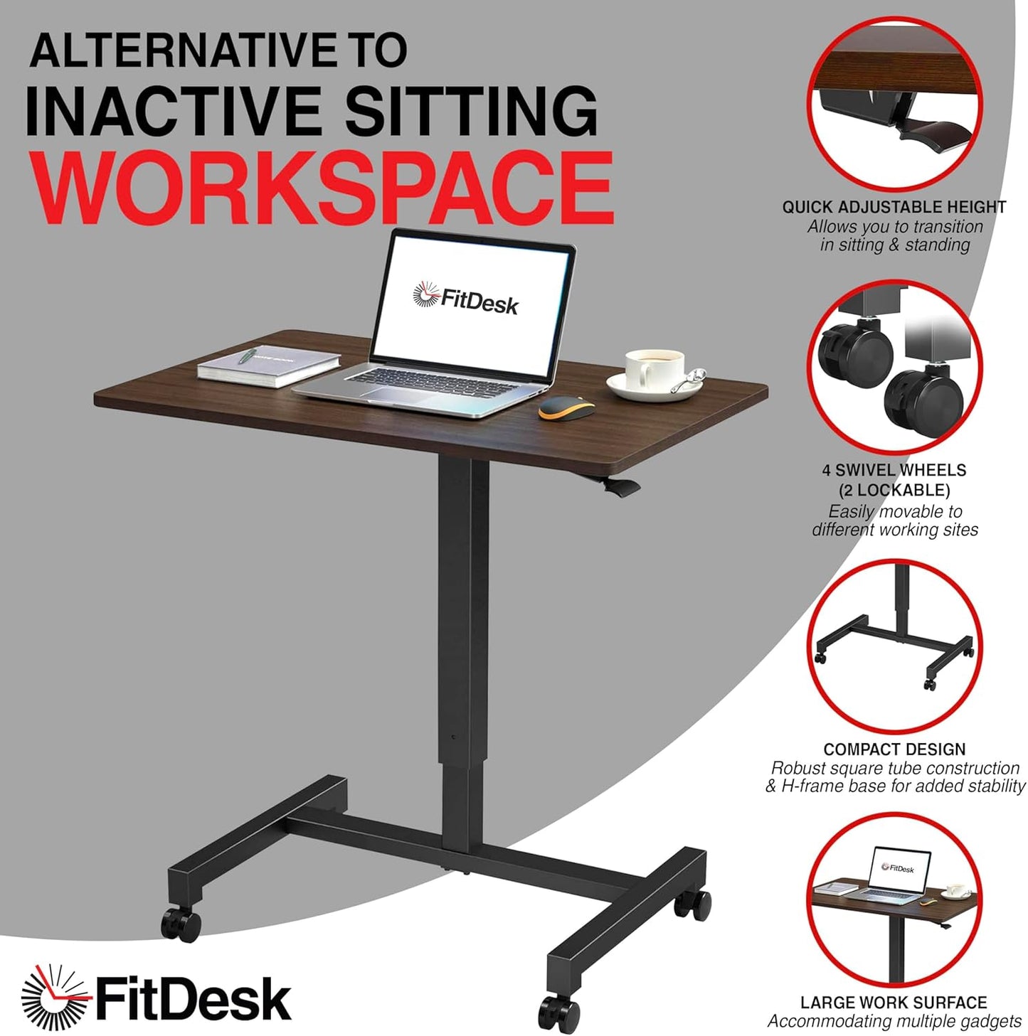 FitDesk Portable Laptop Desk, Rolling Standing Workstation Adjustable Height, Compact Standing Table with Large Surface, Small Stand Desk for Home Office, 30 lb Weight Limit – Walnut, 27" Tabletop
